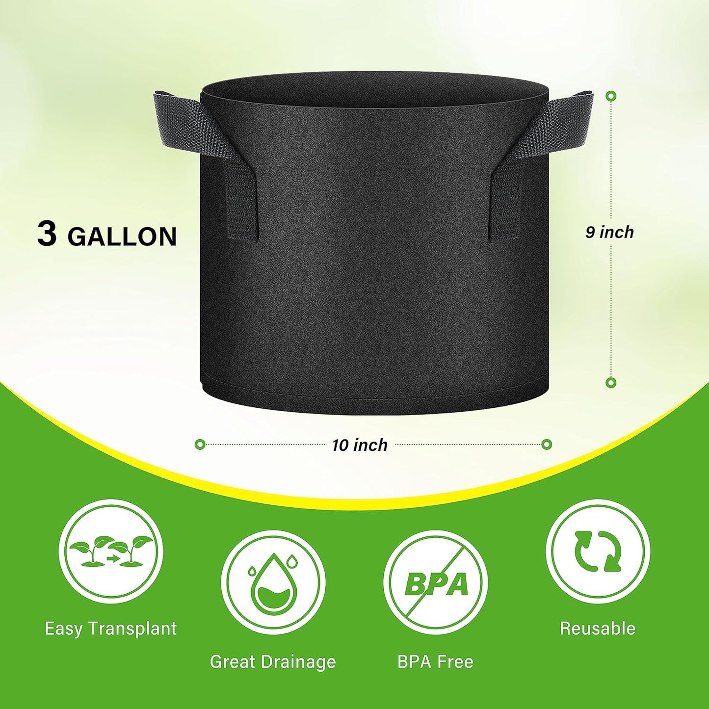 Grow Bags 3 Gallon ,7 Pack Planter Pots with Handles, Heavy Duty Gardening for Tomoato, Potato, Vegetable, Herbs and Flowers, Black