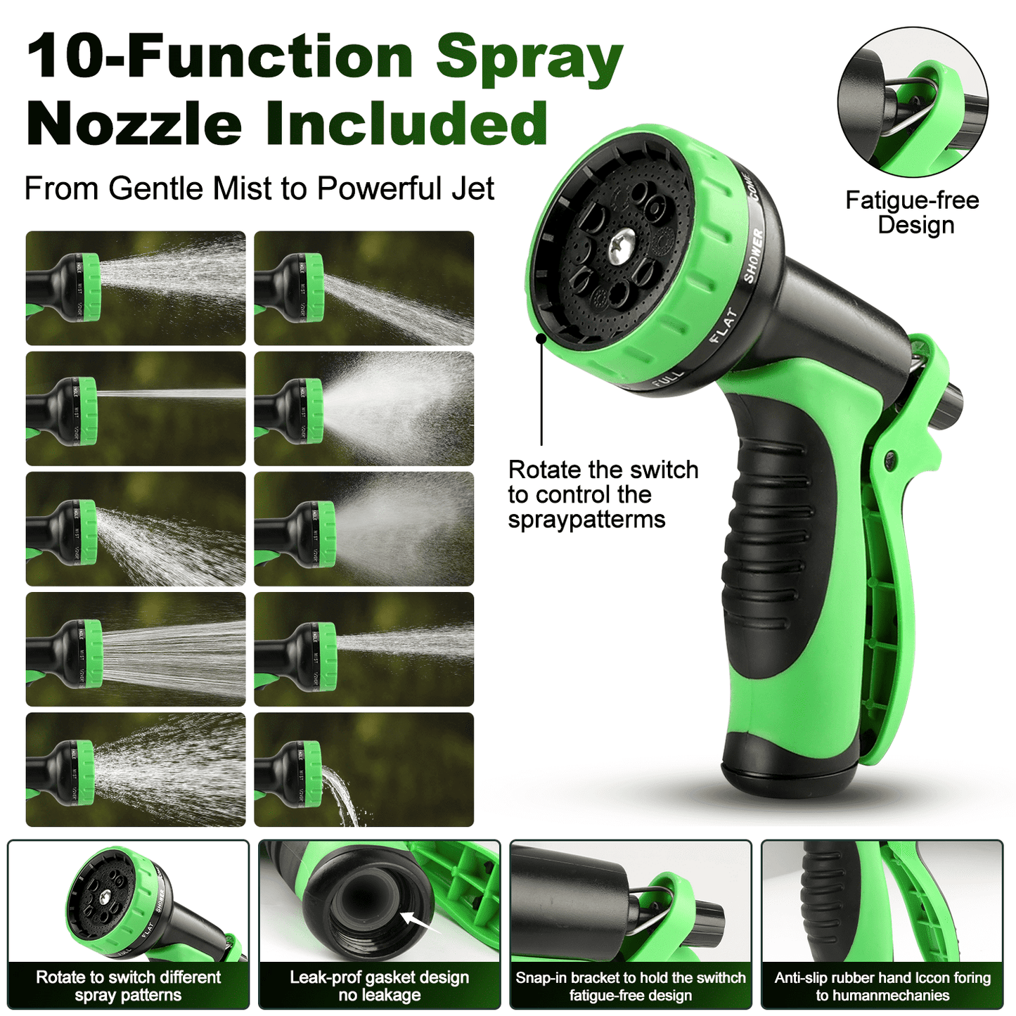 Garden Hose 50FT Non-Expandable Lightweight Water Hose with 10-Function Spray Nozzle, Kink-Free Leak-Proof Hose for Yard Lawn Garden Car Wash