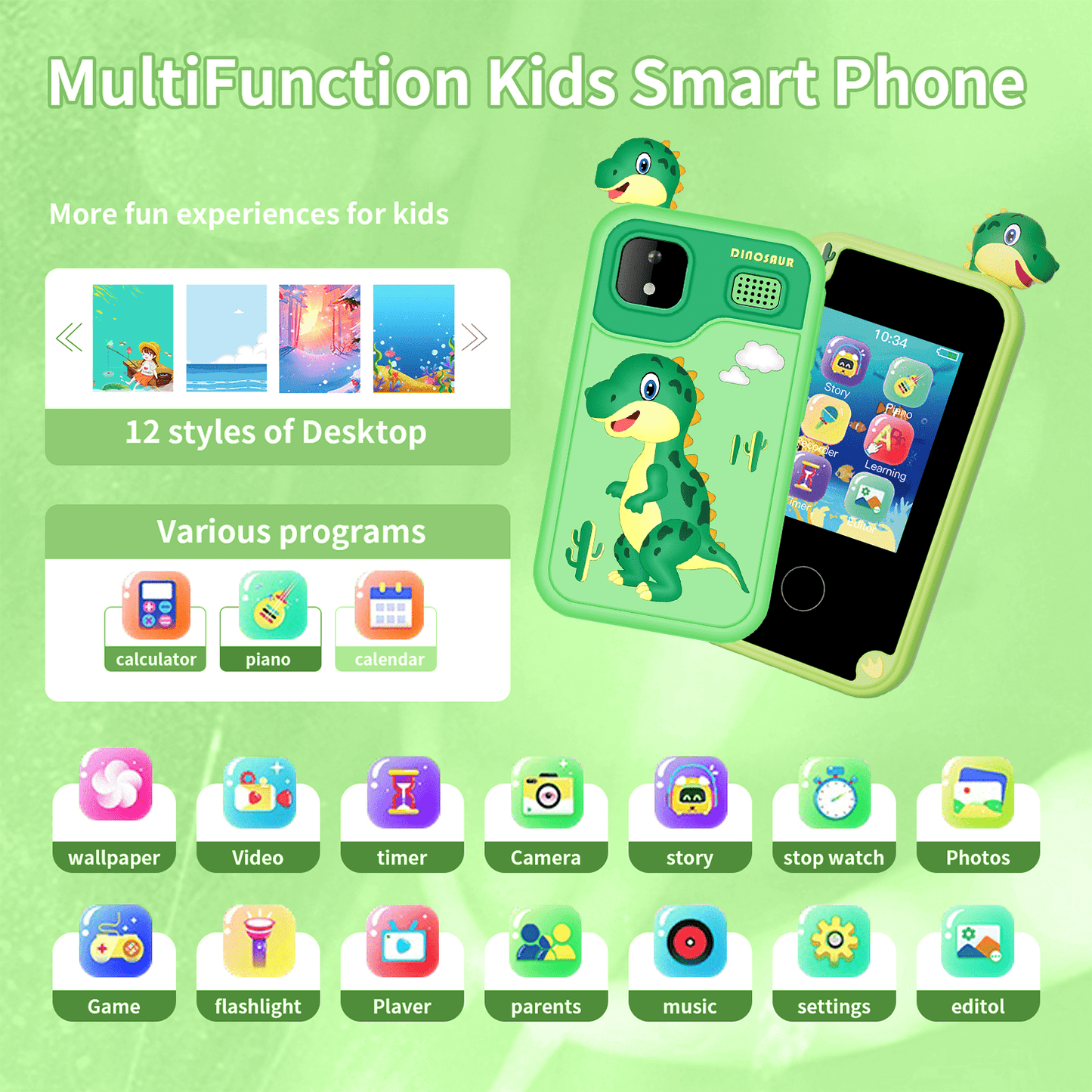 WHATOOK Kids Smart Phone, 32G Card Christmas Birthday Gifts for Age 3-10 Kids Toys Cell Phone, 2.8" Touchscreen Toddler Learning Play Toy, Dual Camera, Music Player Green