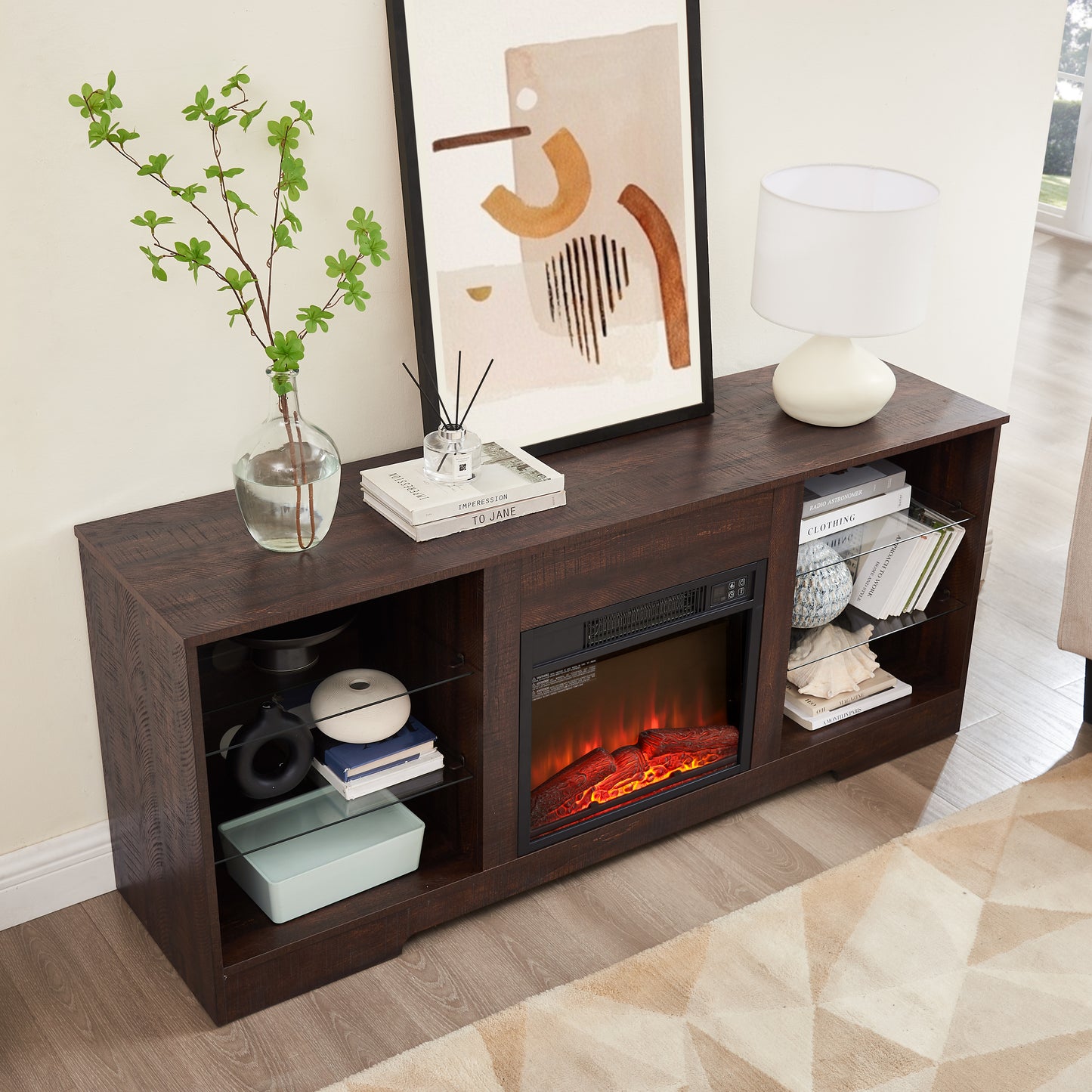 58 Inches Electric Fireplace TV Stand with Glass Shelves, 3D TV Stand with LED Lights, USB Charging Outlet, Modern Media Entertainment Center Console Table for TV up to 62", Black