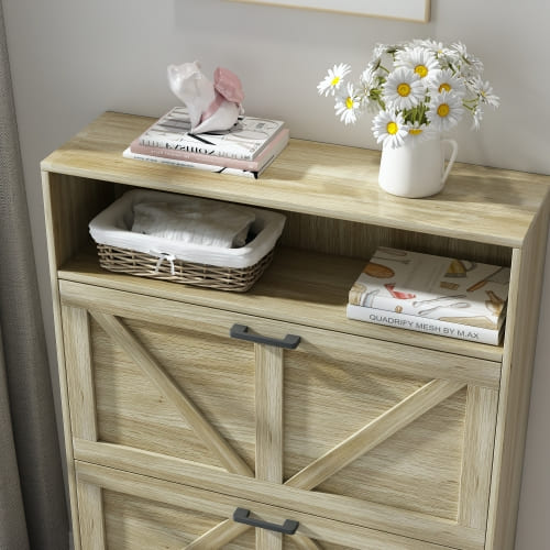 Farmhouse Shoe Storage Cabinet with Barn Door Design, Shoe Organizer with 2 Flip Drawers, Freestanding Narrow Shoe Rack Cabinet with Open Storage for Entryway,Foyer,Hallway (Natural)