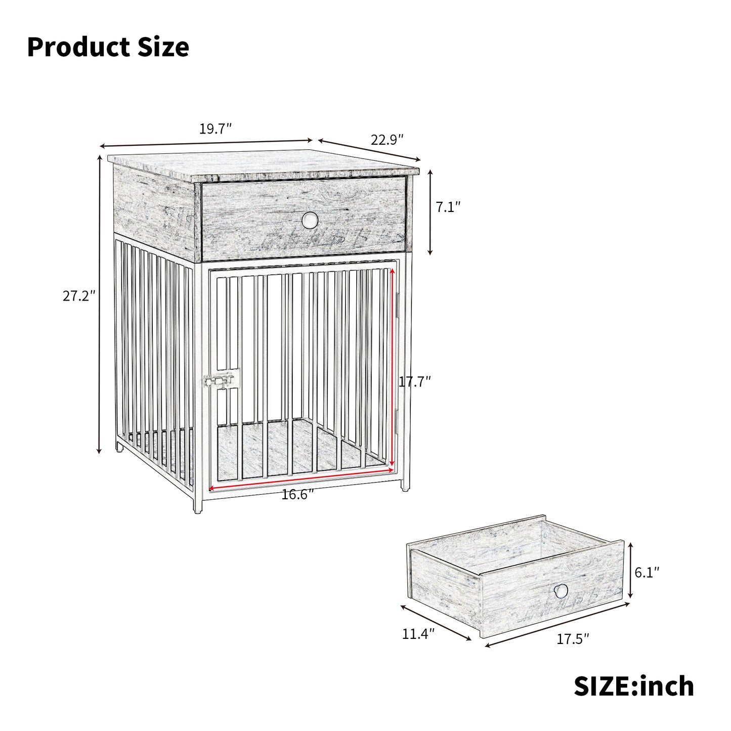 Wooden Dog Kennel End Table, Decorative Dog Cage Table with Drawer, Indoor Pet Crate End Table for Small Dog, Iron-Tube Dog Cage, Chew-Proof, Walnut