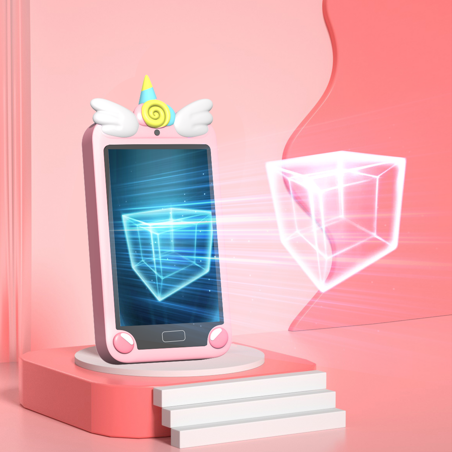 Hoofun Kids Smart Phone for Girls with 4.0" Large Touchscreen, 32G Card Christmas Birthday Gifts for Age 3-10 Kid Toys Cell Phone with Holographic Pyramid, Dual Lens, Music Player Pink