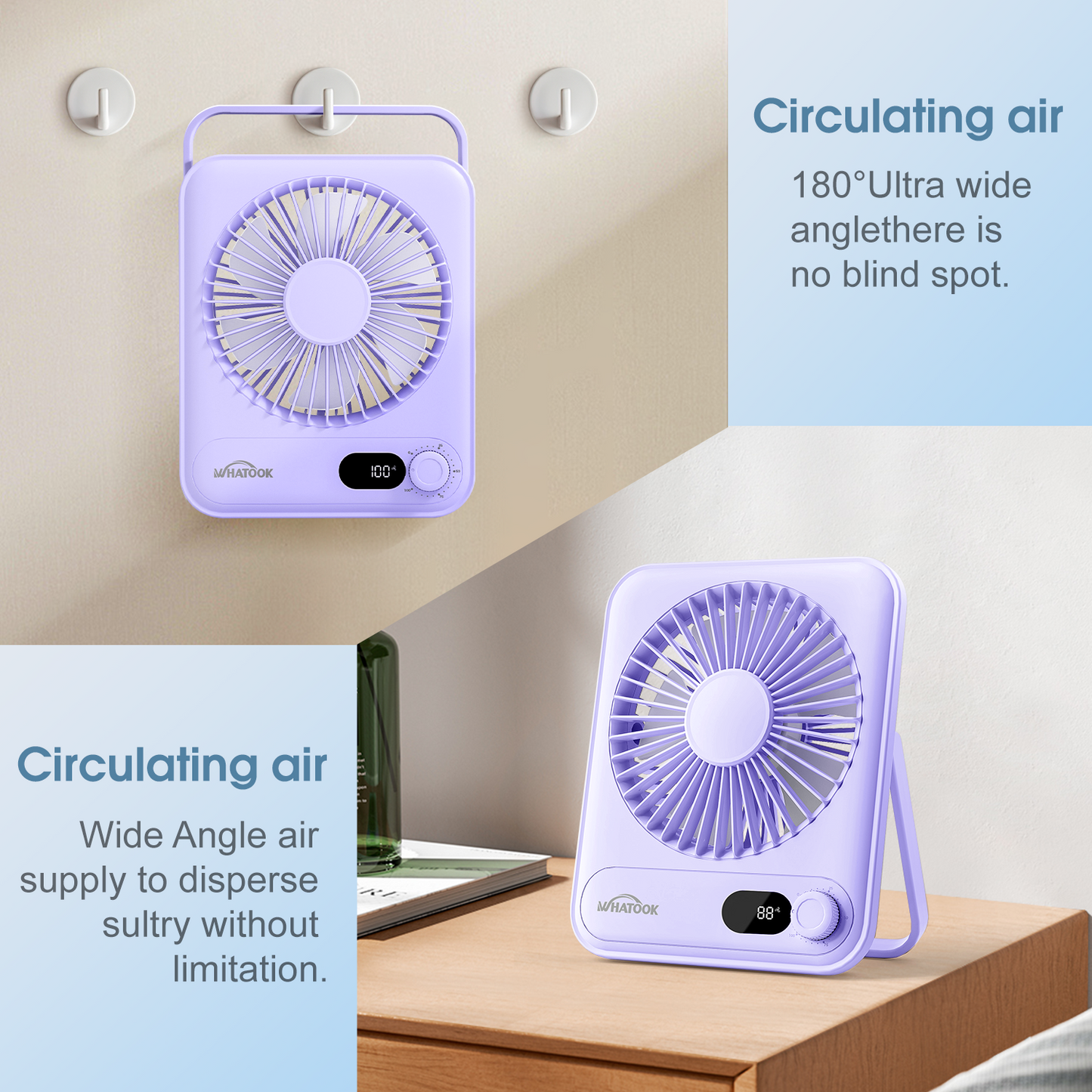 Desk Fan Rechargeable Portable Fan, 2000mAh 10 Hours Battery Operated Personal Silent Table Fan, 100 Speeds Desktop Fan for Bedroom Home Office Outdoor, Purple
