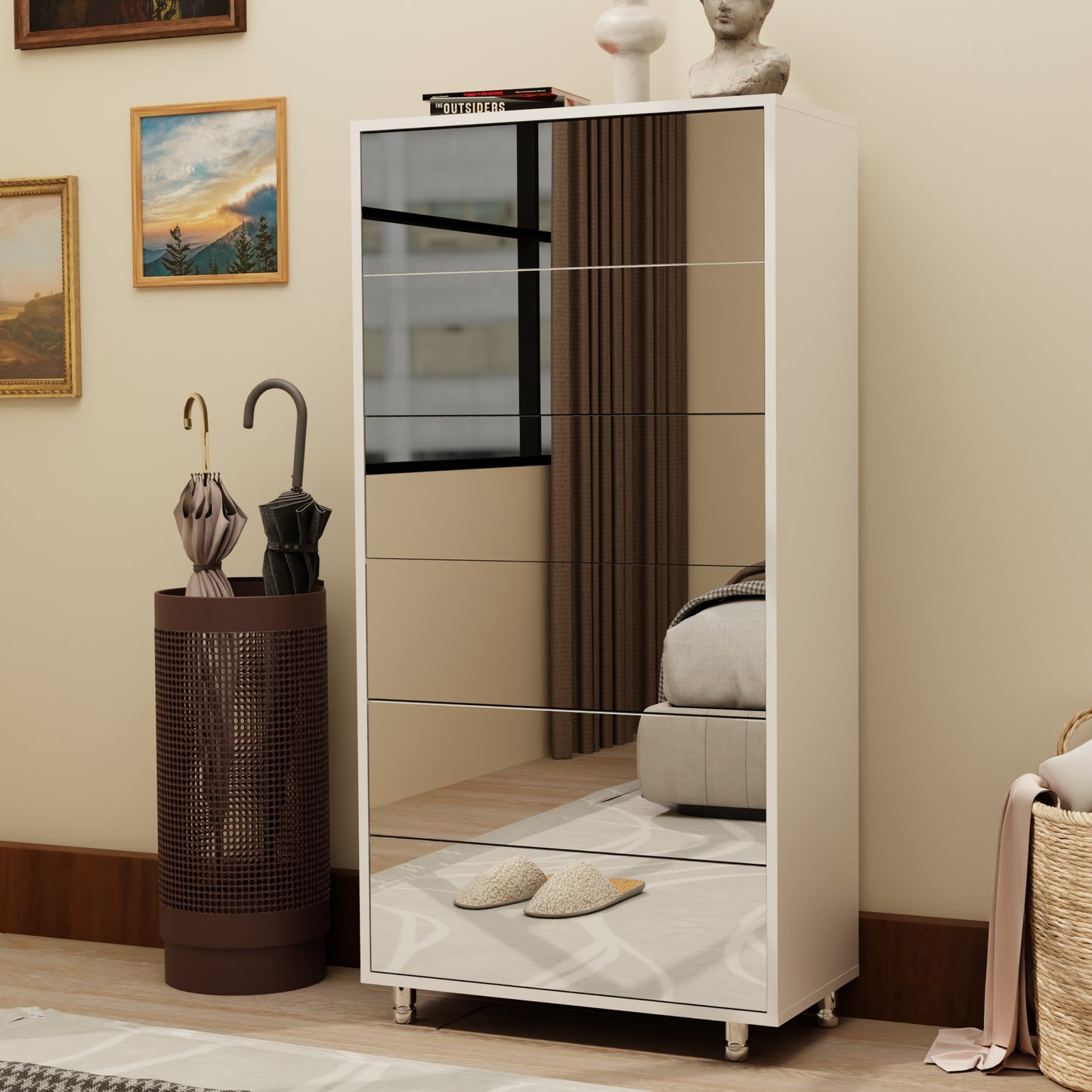 Mirror Shoe Cabinet With 6 Flip Drawers, Mirror Shoe Rack Organizer Store 25 Pair Shoes, Mirror Shoe Storage With 4 Metal Legs, Wood Shoe Storage Organizer for Hallway Bedroom Living Room, White
