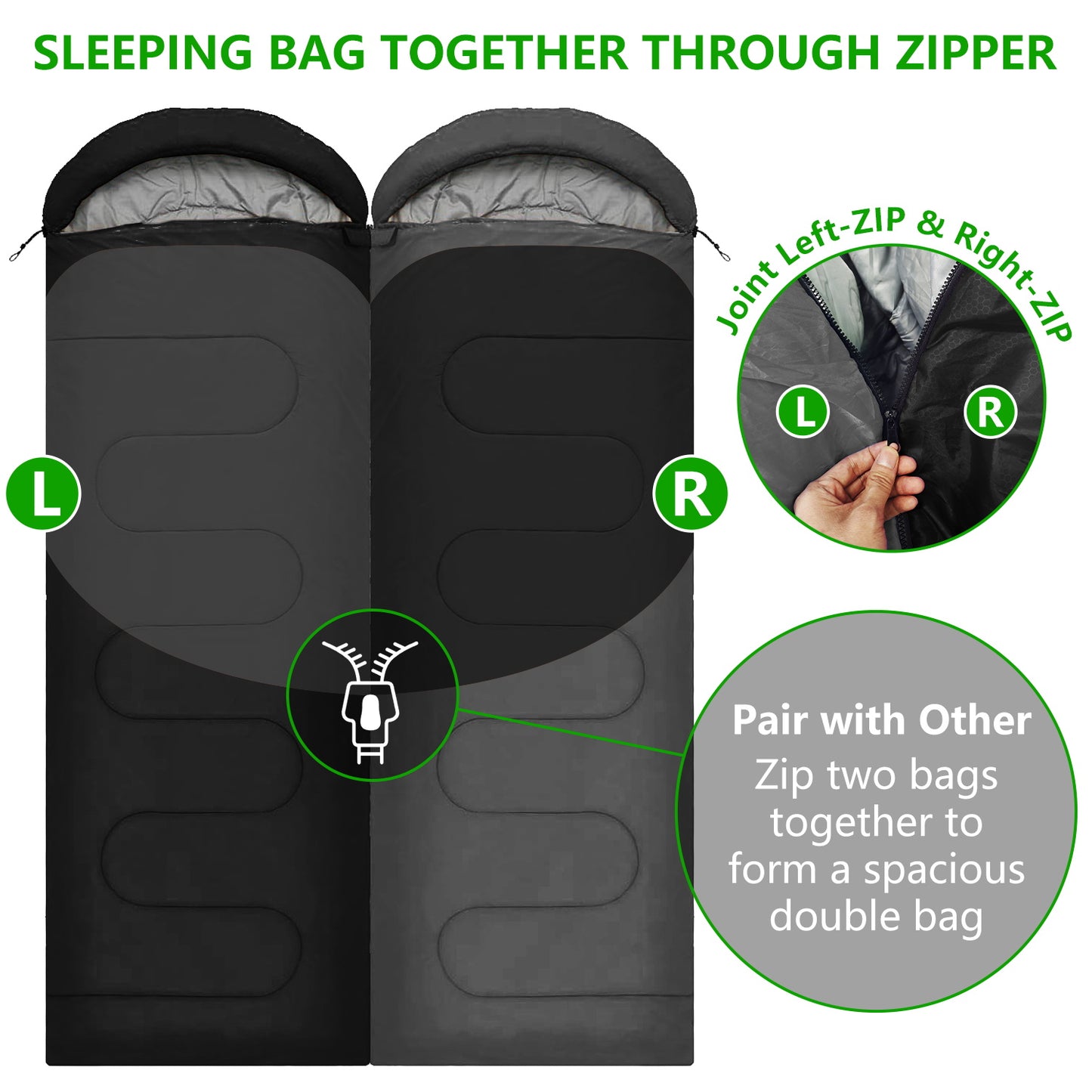 Teblint Camping Sleeping Bag for Adults Kids, Cold Weather Warm Sleeping Bag with Compression Bag for 3 Seasons, Compact Camping Essentials Gear Accessories Hiking Sleep Must Haves-Black