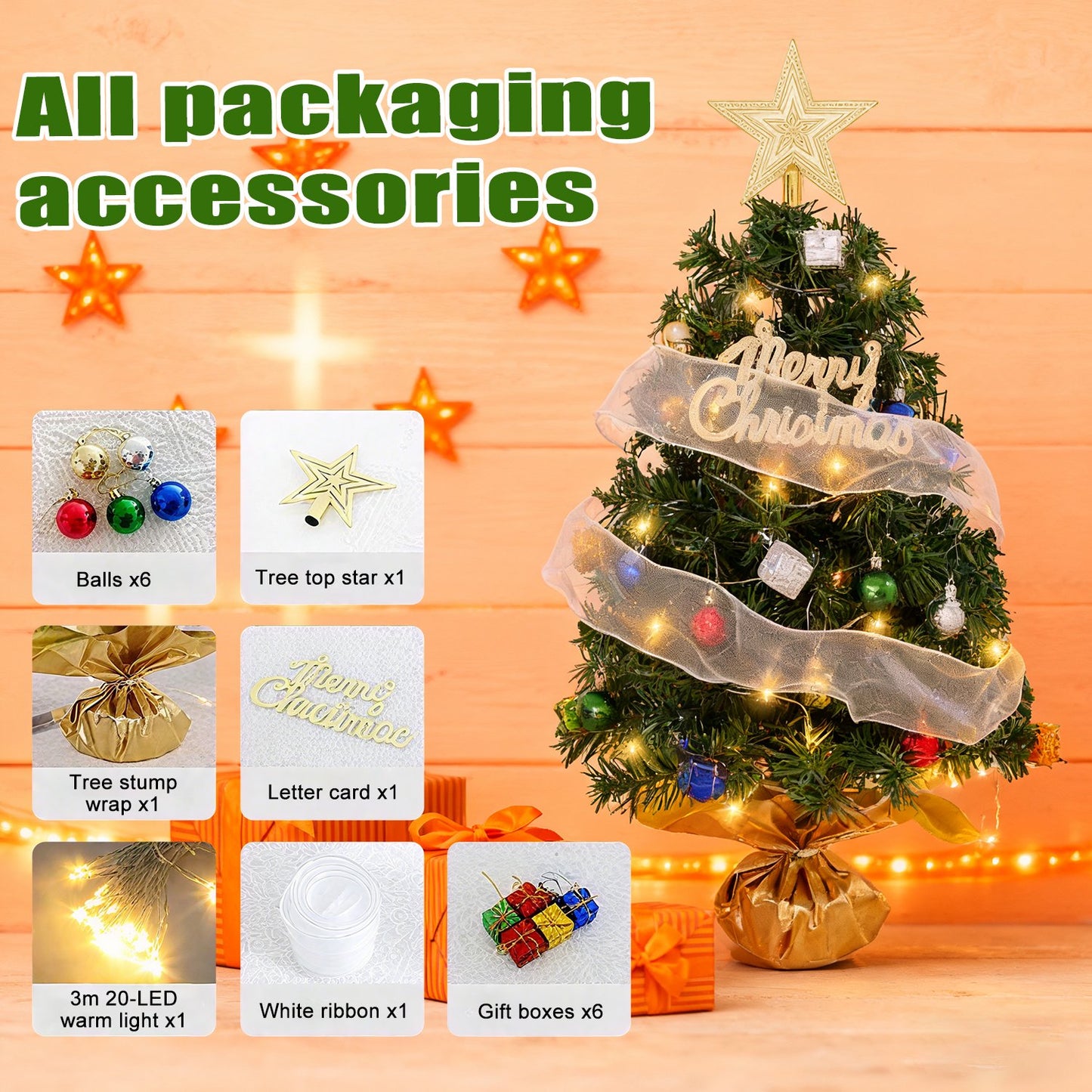 Mini Tabletop Christmas Tree Kit with LED Lights, Ornaments, Gift Boxes & Star Topper – Battery Operated Holiday Decor for Home & Office
