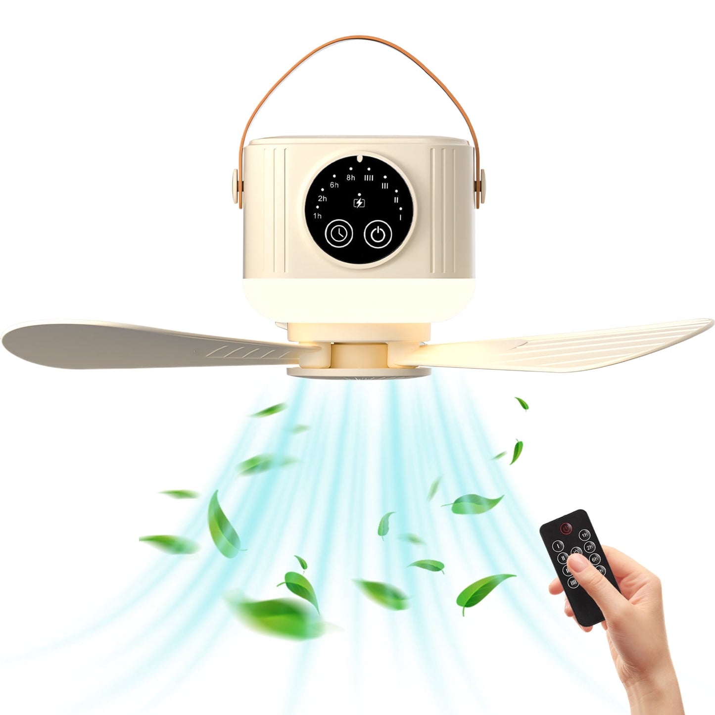Camping Fan with Light, 7200mAh Rechargeable Fan with Remote, 4 Speed Timer LED Lantern for Camping Travel Emergency, Khaki