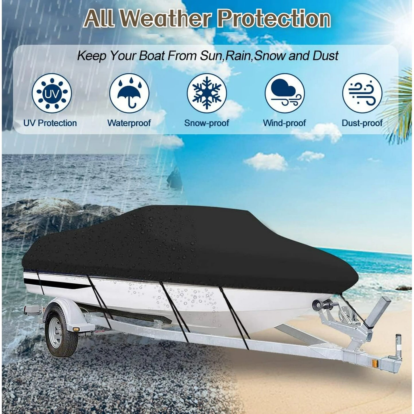 Teblint Waterproof Boat Cover, 17-19ft Trailerable Boat Cover, Heavy Duty 210D Oxford Mooring Cover for V-Hull Boat with 5 Straps,19.7 x 9.8 ft