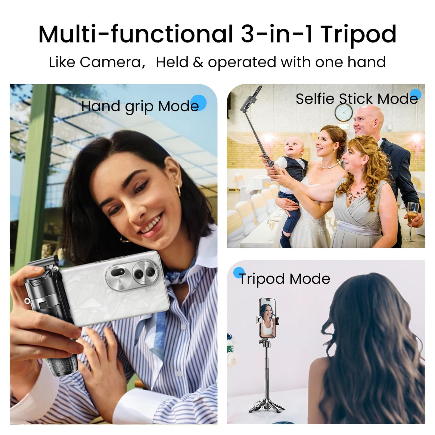 PUCACHI 3-in-1 Selfie Stick Tripod with Detachable Bluetooth Remote - Universal Phone/Camera Mount for iPhone, Samsung, Live Streaming, Vlogging - Compact Travel Accessories (Pocket Size)