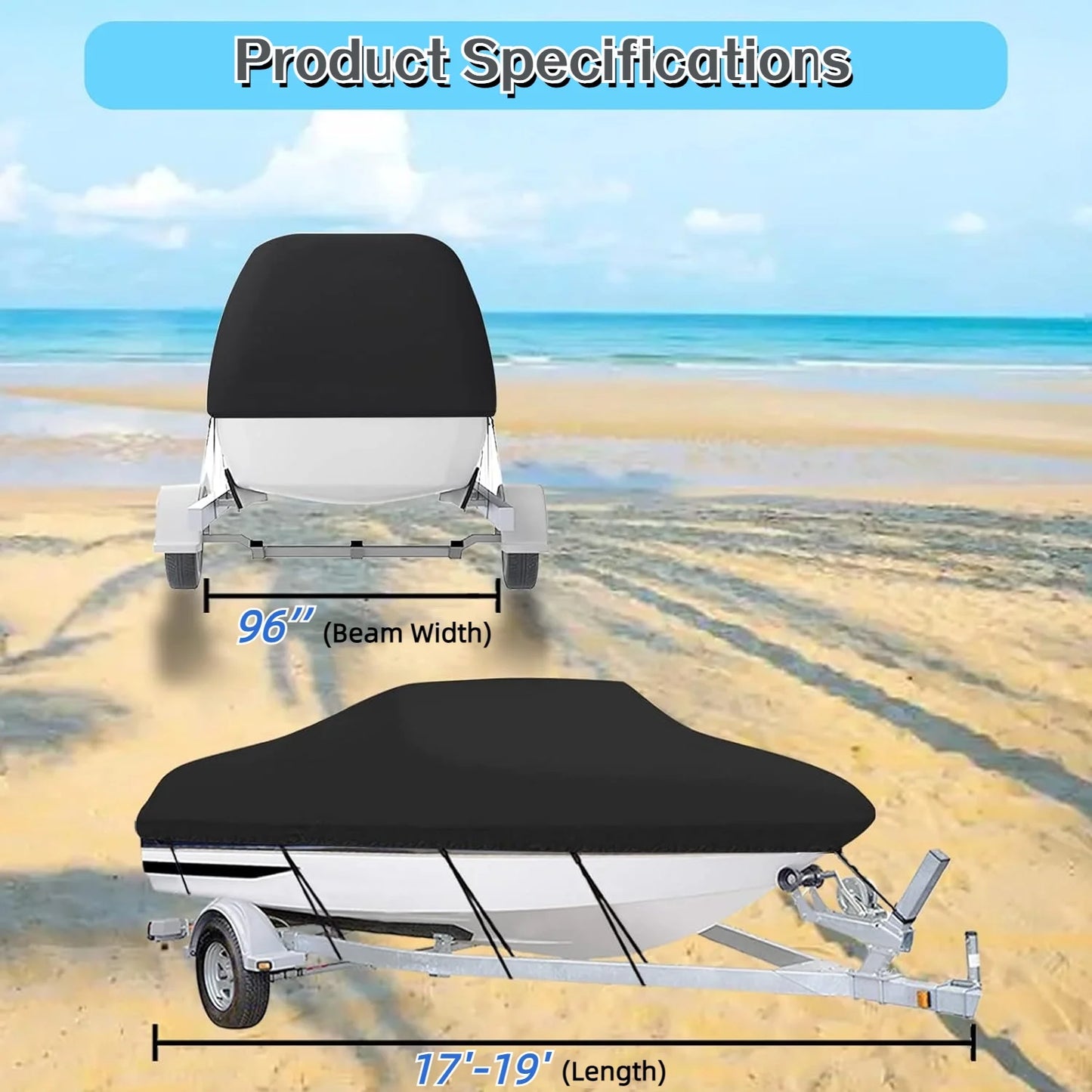 Teblint Waterproof Boat Cover, 17-19ft Trailerable Boat Cover, Heavy Duty 210D Oxford Mooring Cover for V-Hull Boat with 5 Straps,19.7 x 9.8 ft