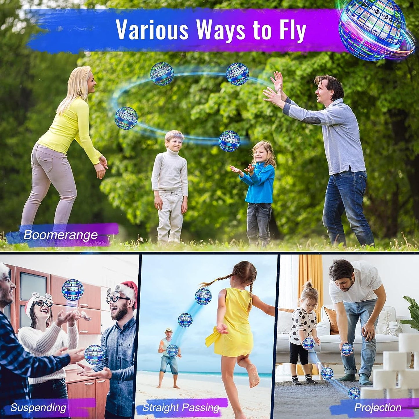 HOOFUN Flying Ball, 2023 Upgraded Flying Ball Toy, 360°Rotating Boomerang Hover Ball, Magic LED Light Flying Spinner Orb with Endless Tricks, Toys for 12+ Year Old Boys Girls Blue
