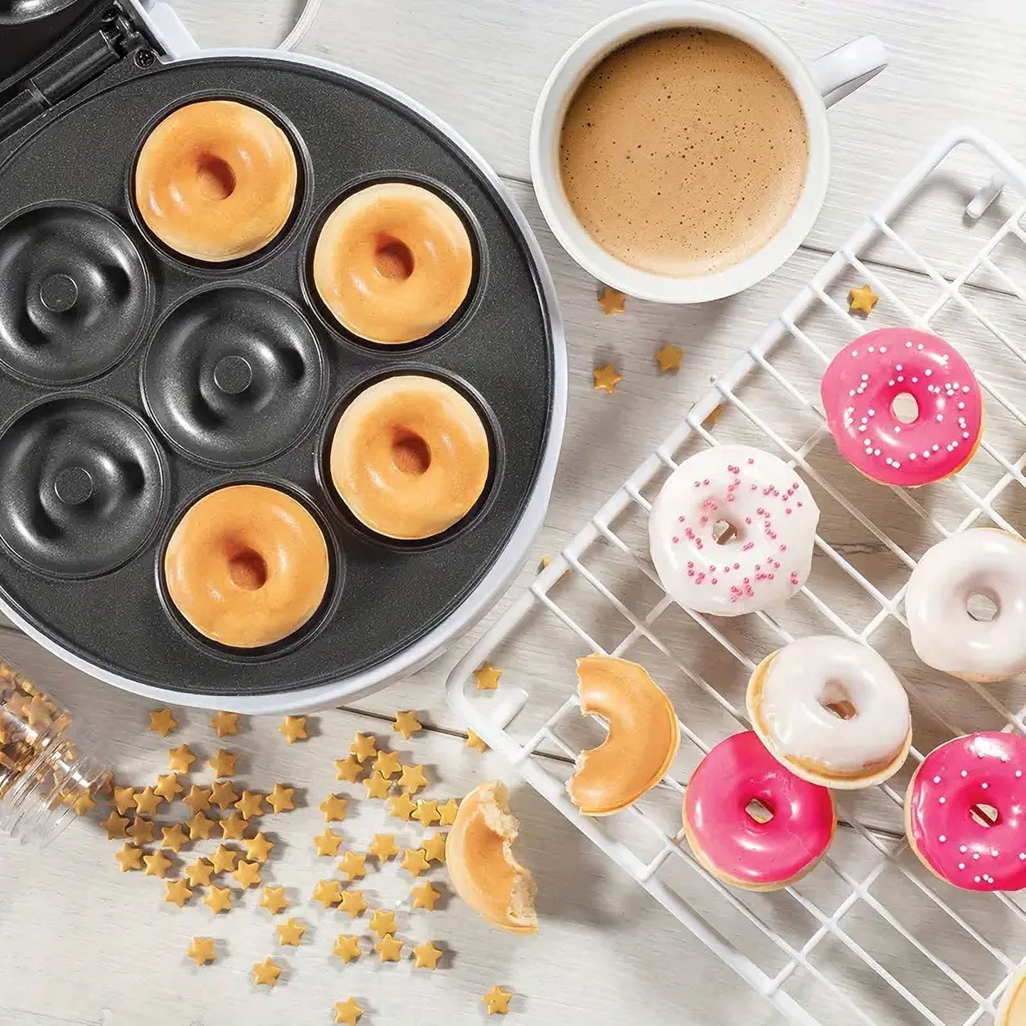 HOOFUN Mini Donut Maker Machine for Kid-Friendly Breakfast, Snacks, Desserts & More with Non-stick Surface, Makes 7 Doughnuts, Donut Print Waffle Maker