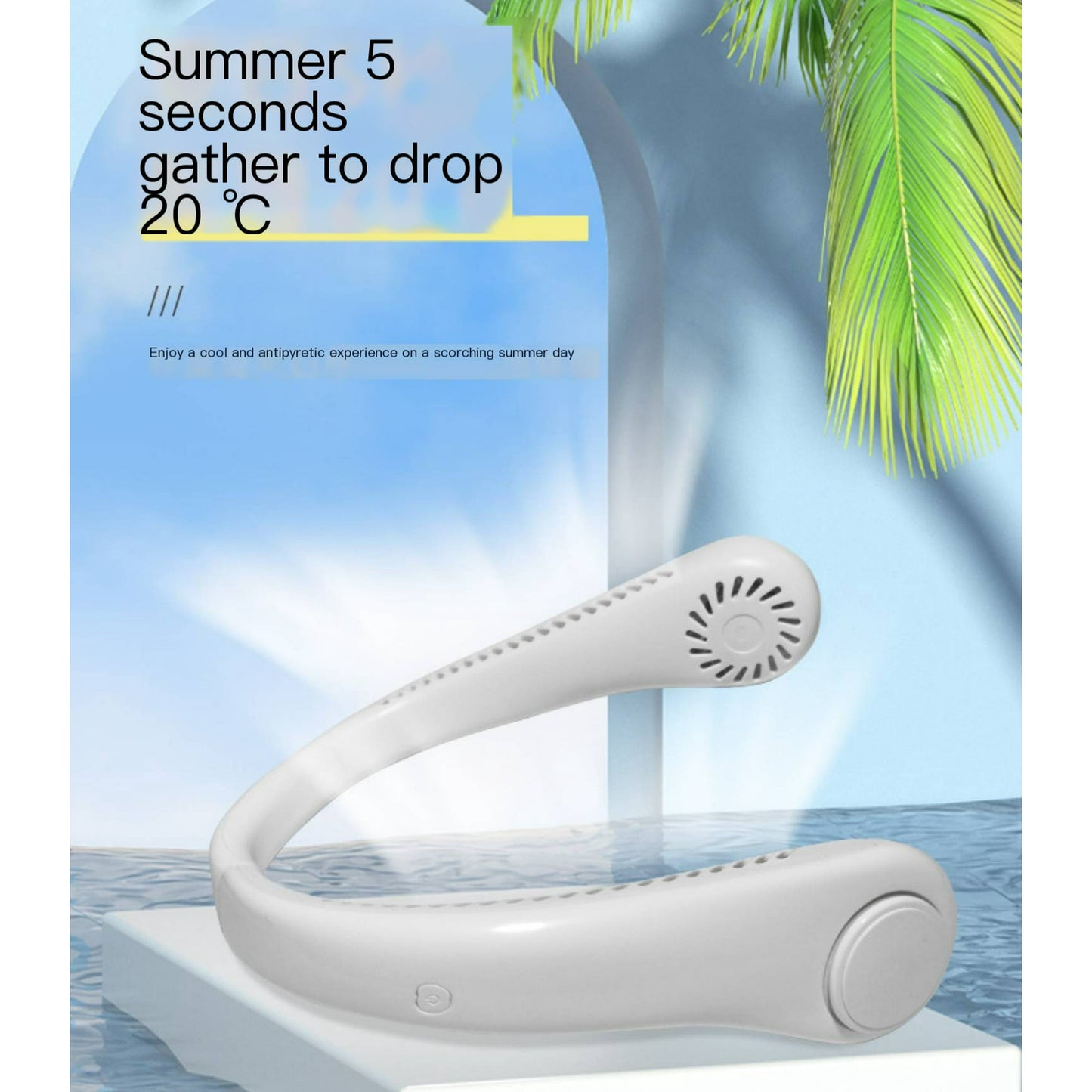 HOOFUN Portable Neck Fan With Cooling Function, Mini Lazy Person Cooling, Foldable USB Sports Outdoor Neck Fan White