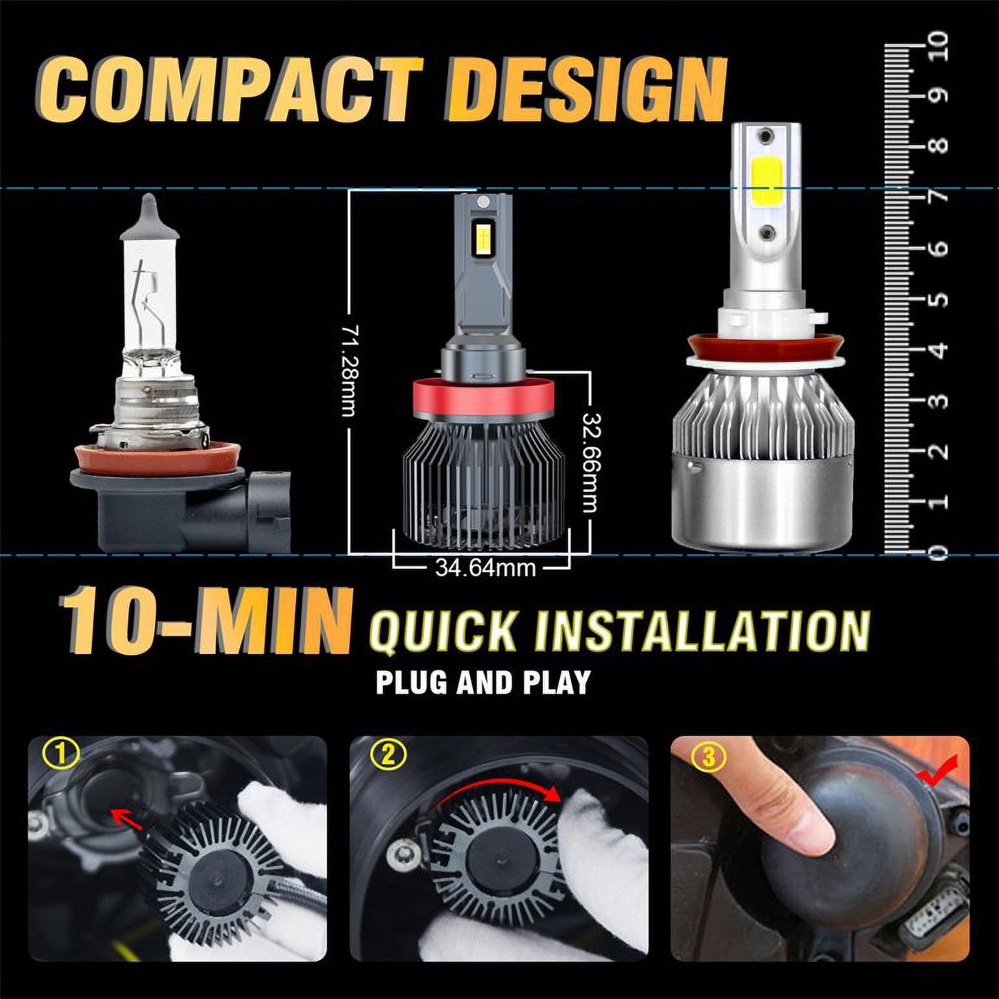 HOOFUN Headlight Bulbs | H8 H9 H11 | 6000K Cool White LED Headlight | IP68 Waterproof | 140W 26000 Lumens Extremely Super Bright | Smart Cooling Fan | Plug-and-Play,Pack of 2