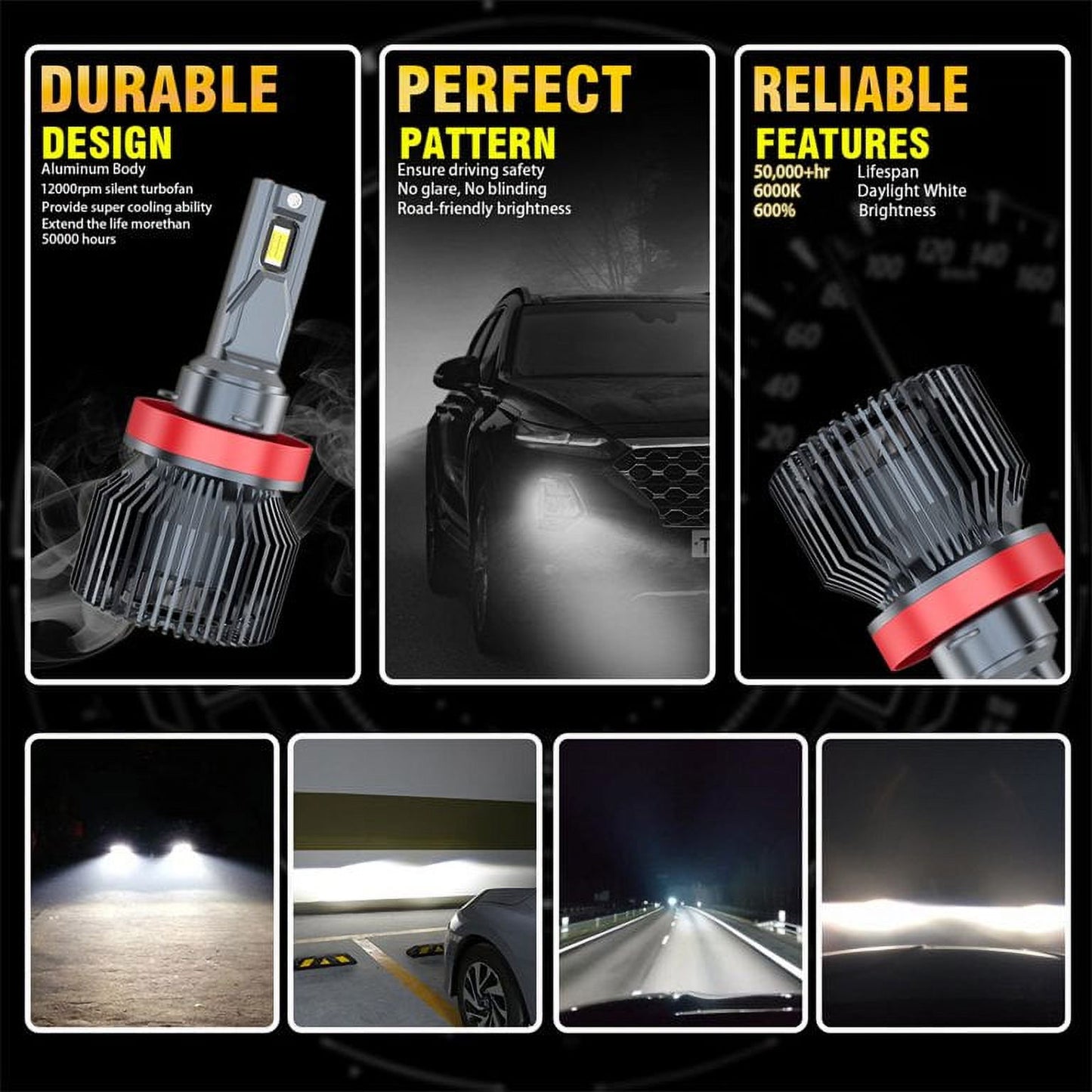 HOOFUN Headlight Bulbs | H8 H9 H11 | 6000K Cool White LED Headlight | IP68 Waterproof | 140W 26000 Lumens Extremely Super Bright | Smart Cooling Fan | Plug-and-Play,Pack of 2