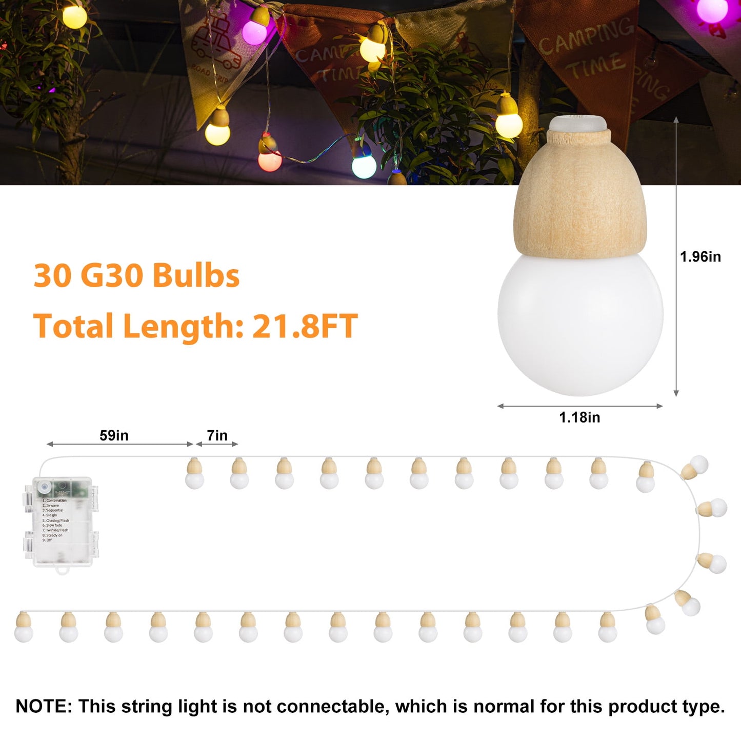 WHATOOK Wooden Globe String Lights, Battery Operated Fairy Lights, 21ft 30 LEDs 8 Modes Waterproof Christmas Decoration for Outdoor/Indoor Home Party Patio Garden Wedding(Multicolor)