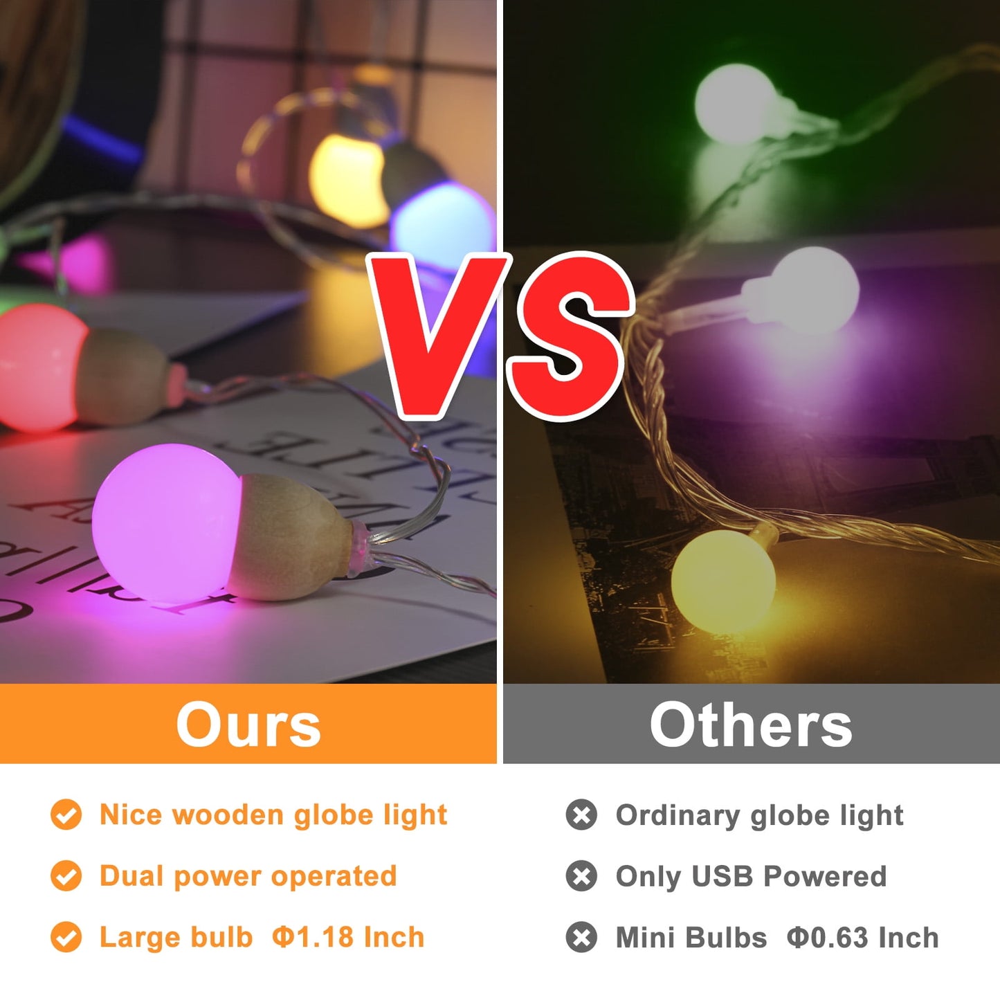 WHATOOK Wooden Globe String Lights, Battery Operated Fairy Lights, 21ft 30 LEDs 8 Modes Waterproof Christmas Decoration for Outdoor/Indoor Home Party Patio Garden Wedding(Multicolor)