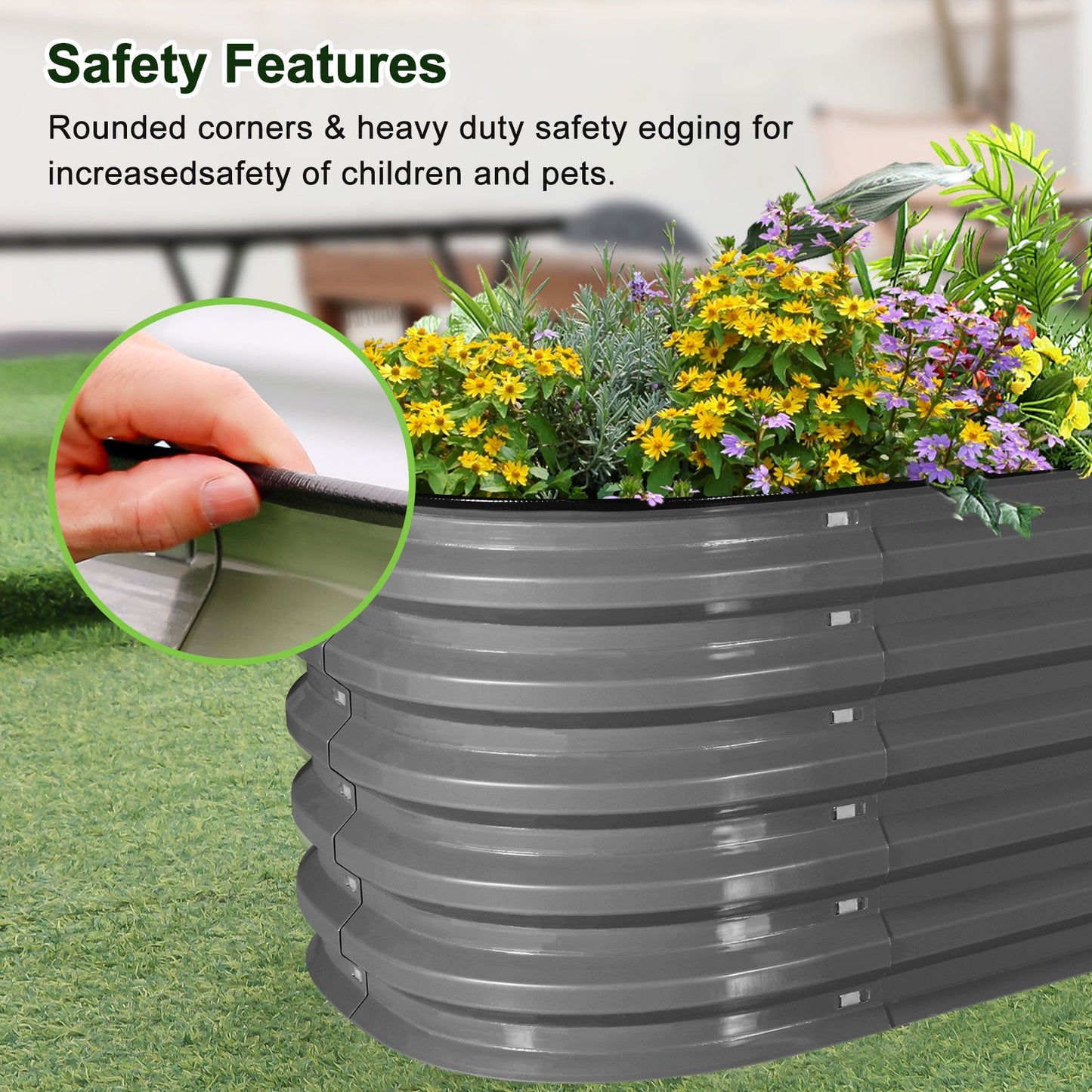 HOOFUN 8ft X 2ft Raised Garden Bed, 17" Tall 9 in 1 Metal Garden Raised Kits, Oval Planter Box Outdoor for Vegetables Flowers- Modern Gray