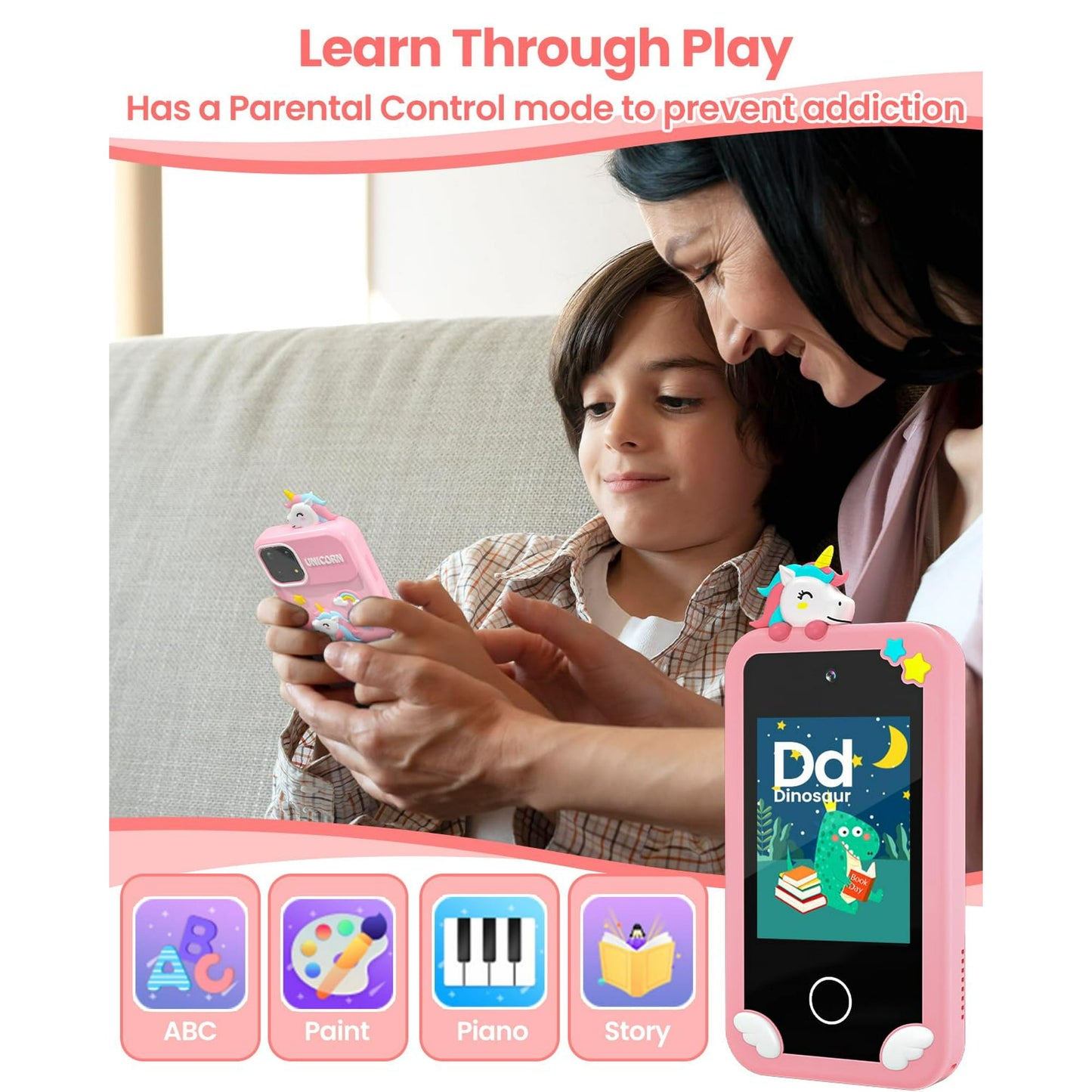 Hoofun Kids Smart Phone with Holographic Pyramid, 32G Card Christmas Birthday Gifts for Age 3-10 Kids Toys Cell Phone, 2.8" Touchscreen Toddler Learning Play Toy, Dual Camera, Music Player Pink