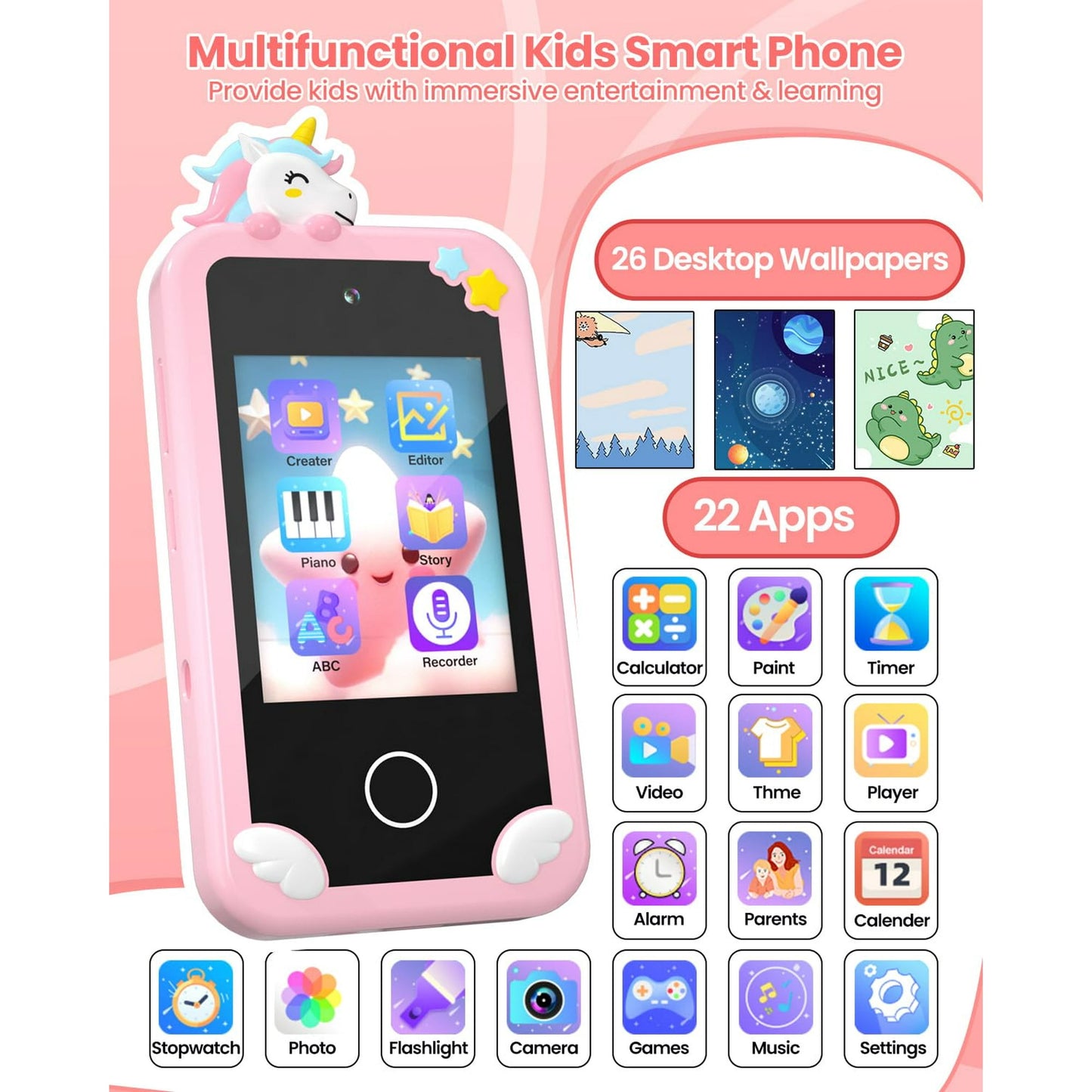 Hoofun Kids Smart Phone with Holographic Pyramid, 32G Card Christmas Birthday Gifts for Age 3-10 Kids Toys Cell Phone, 2.8" Touchscreen Toddler Learning Play Toy, Dual Camera, Music Player Pink