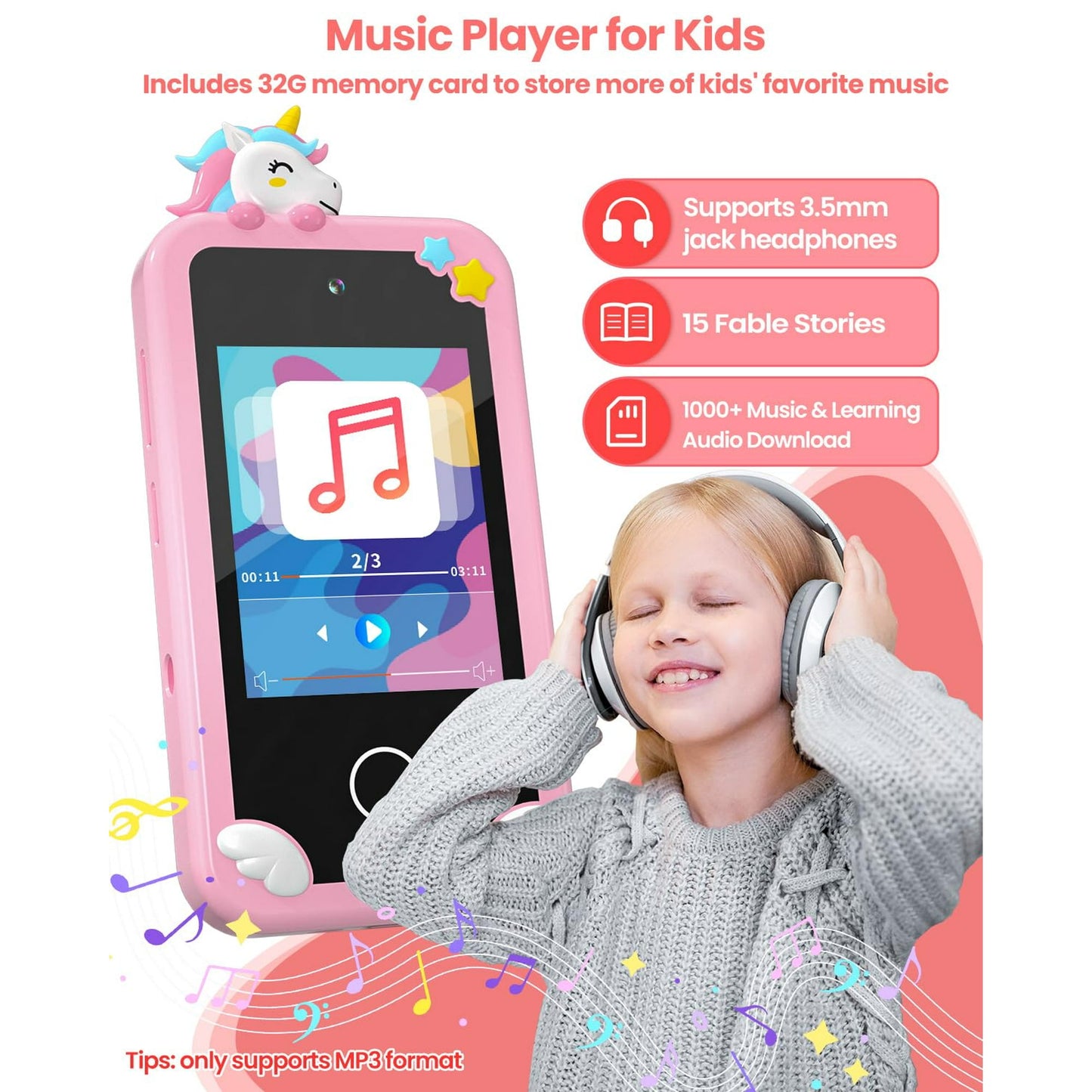 Hoofun Kids Smart Phone with Holographic Pyramid, 32G Card Christmas Birthday Gifts for Age 3-10 Kids Toys Cell Phone, 2.8" Touchscreen Toddler Learning Play Toy, Dual Camera, Music Player Pink