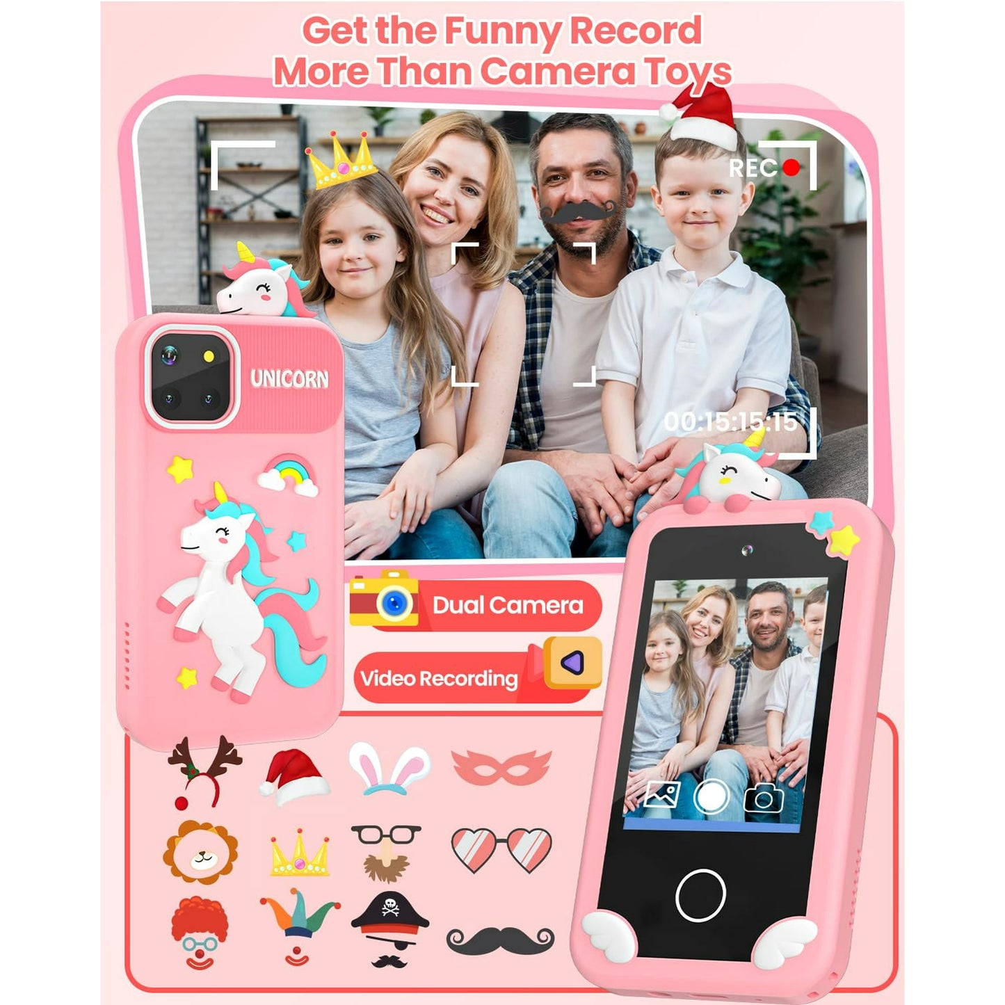 Hoofun Kids Smart Phone with Holographic Pyramid, 32G Card Christmas Birthday Gifts for Age 3-10 Kids Toys Cell Phone, 2.8" Touchscreen Toddler Learning Play Toy, Dual Camera, Music Player Pink
