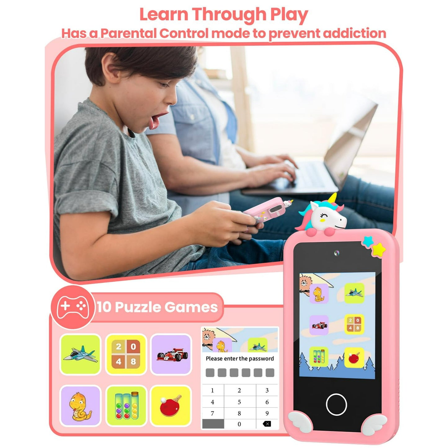 Hoofun Kids Smart Phone with Holographic Pyramid, 32G Card Christmas Birthday Gifts for Age 3-10 Kids Toys Cell Phone, 2.8" Touchscreen Toddler Learning Play Toy, Dual Camera, Music Player Pink