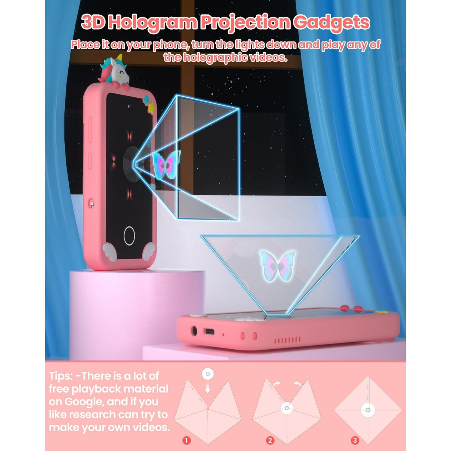 Hoofun Kids Smart Phone with Holographic Pyramid, 32G Card Christmas Birthday Gifts for Age 3-10 Kids Toys Cell Phone, 2.8" Touchscreen Toddler Learning Play Toy, Dual Camera, Music Player Pink