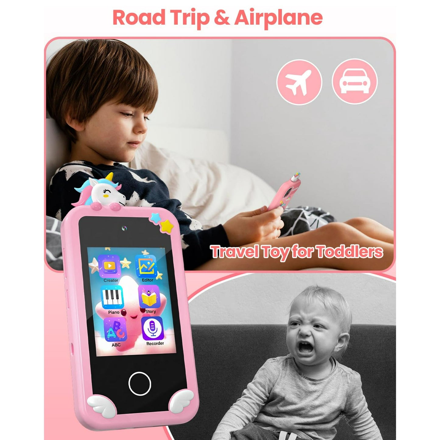 Hoofun Kids Smart Phone with Holographic Pyramid, 32G Card Christmas Birthday Gifts for Age 3-10 Kids Toys Cell Phone, 2.8" Touchscreen Toddler Learning Play Toy, Dual Camera, Music Player Pink