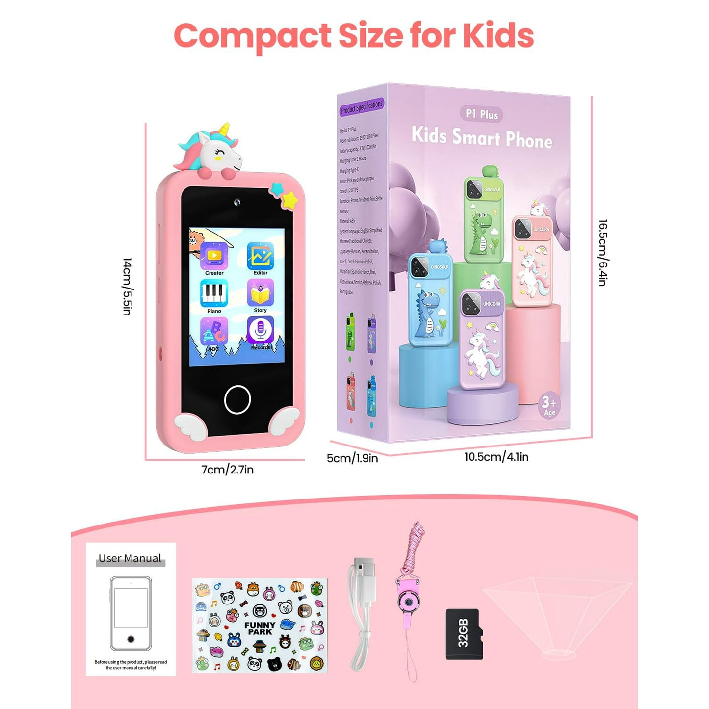 Hoofun Kids Smart Phone with Holographic Pyramid, 32G Card Christmas Birthday Gifts for Age 3-10 Kids Toys Cell Phone, 2.8" Touchscreen Toddler Learning Play Toy, Dual Camera, Music Player Pink