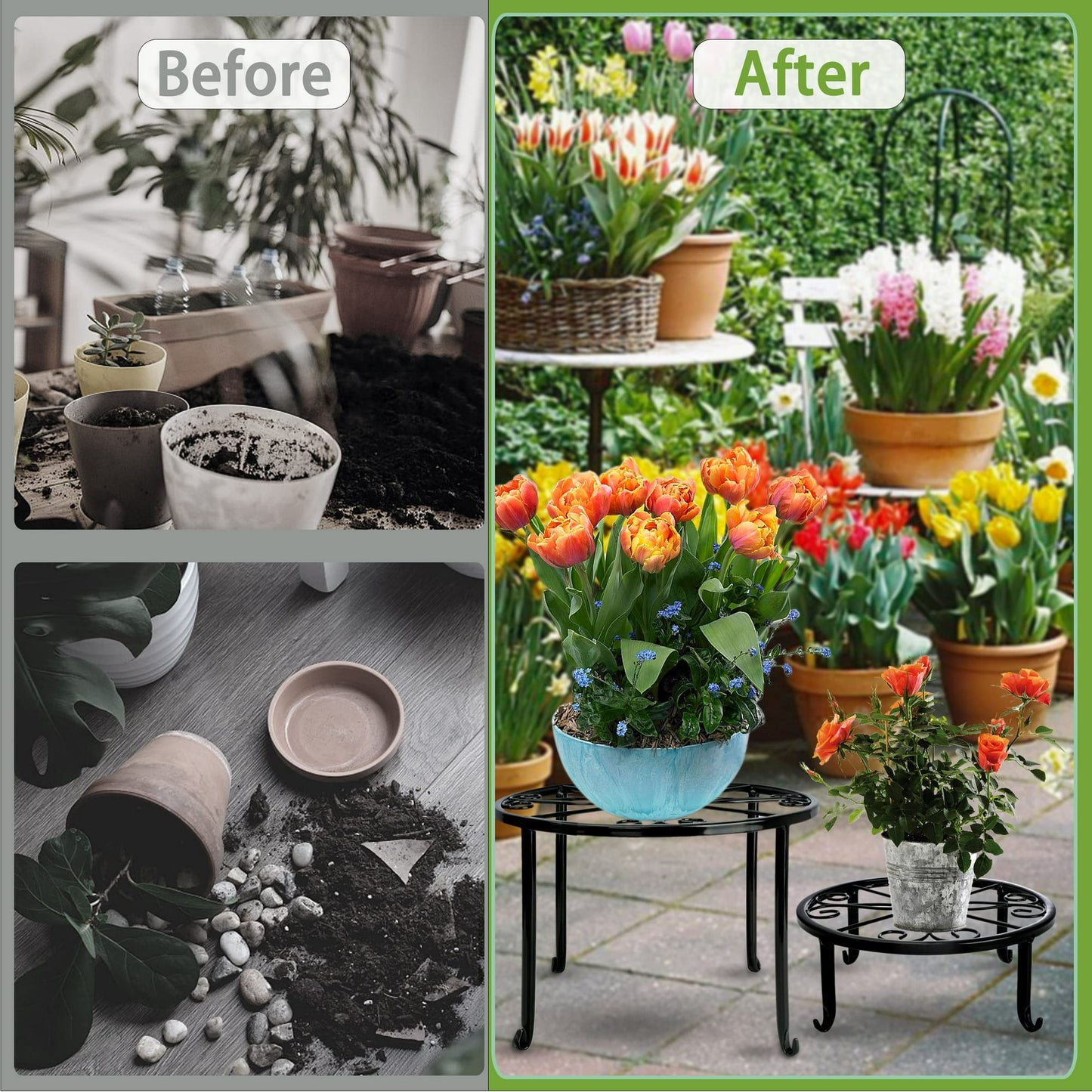 Hoofun Metal Plant Stand 5-Pack Plant Stand for Outdoor Plants Multiple Heavy Duty Flower Pot Stand Rust-Resistant Iron Round Plant Stand Black