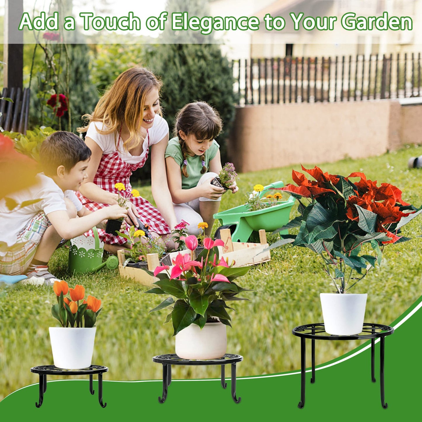 Hoofun Metal Plant Stand 5-Pack Plant Stand for Outdoor Plants Multiple Heavy Duty Flower Pot Stand Rust-Resistant Iron Round Plant Stand Black