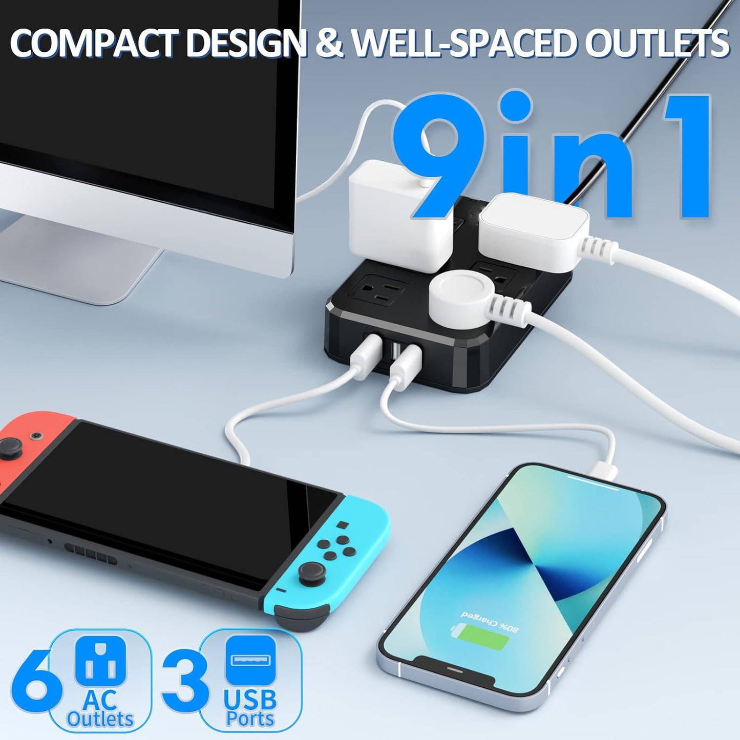 IPX6 Outdoor Power Strip Weatherproof, Waterproof Surge Protector with 6 Wide Outlet with 3 USB Ports, 6FT Extension Cord, Overload Protection,Wall Mountable for Outside Decorations
