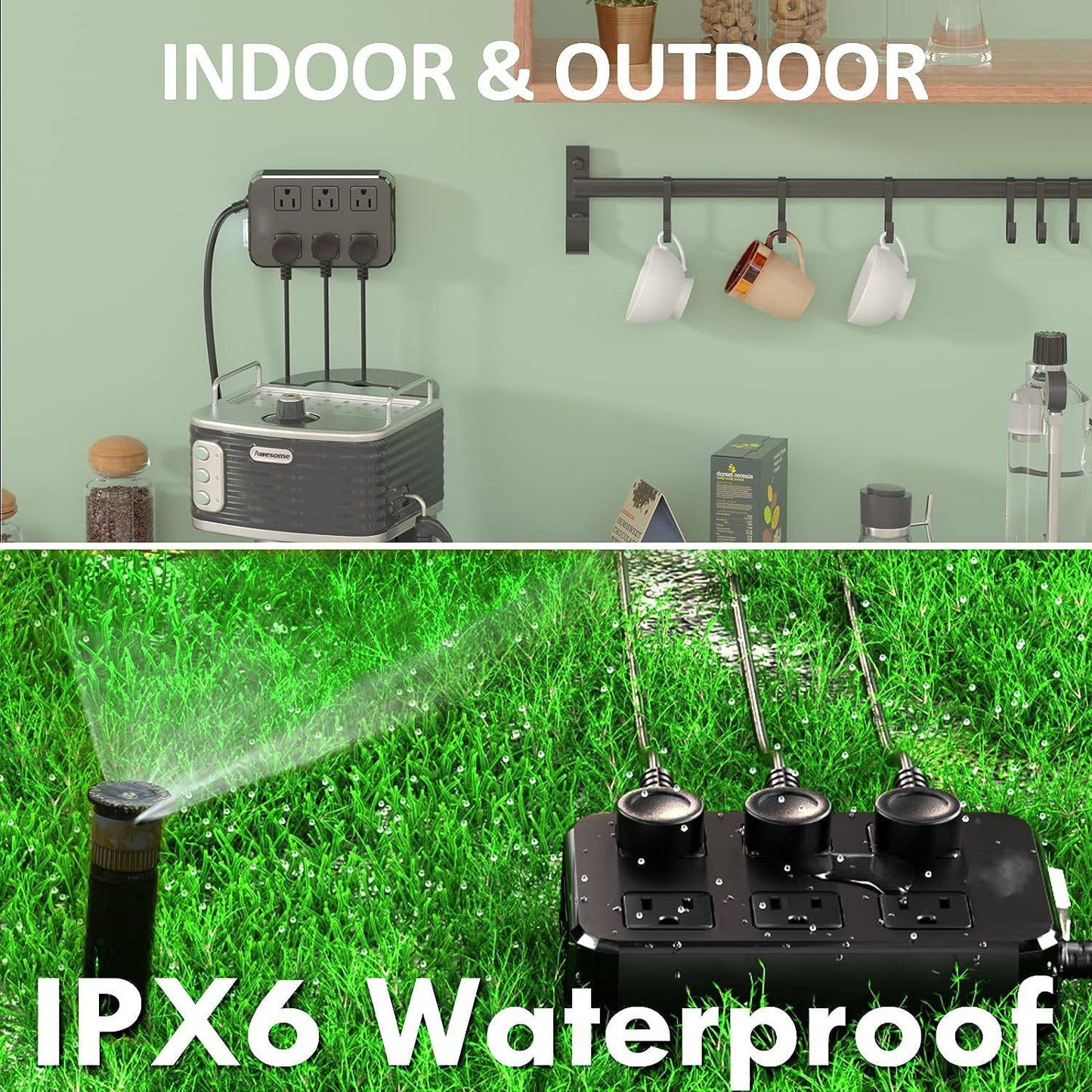 IPX6 Outdoor Power Strip Weatherproof, Waterproof Surge Protector with 6 Wide Outlet with 3 USB Ports, 6FT Extension Cord, Overload Protection,Wall Mountable for Outside Decorations