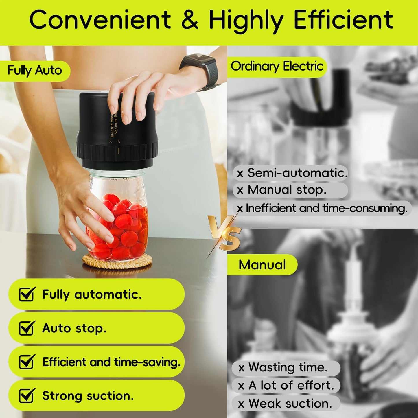 Hoofun Fully Automatic Electric Mason Jar Vacuum Sealer Kit for with 8 Sealing Lids Wide and Regular Mouth Mason Jars for Food Storage and Fermentation, Black