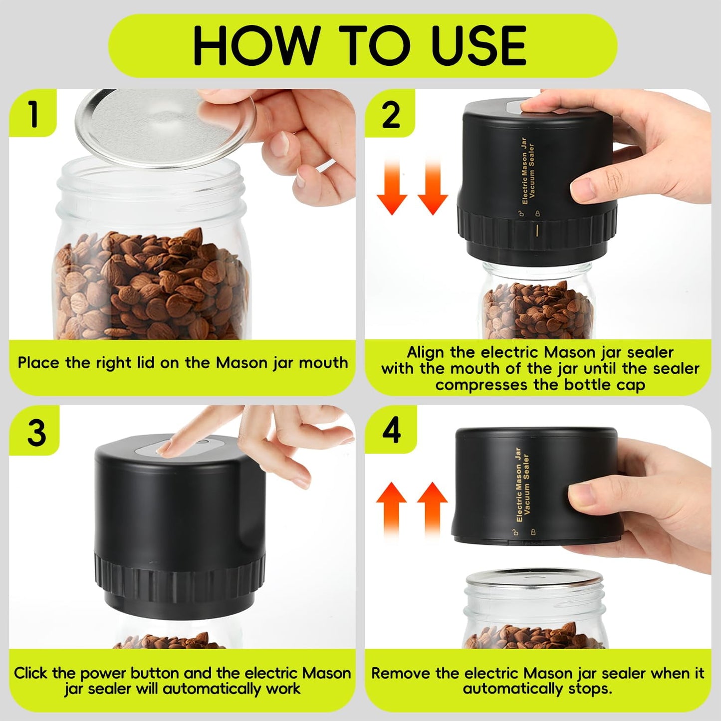 Hoofun Fully Automatic Electric Mason Jar Vacuum Sealer Kit for with 8 Sealing Lids Wide and Regular Mouth Mason Jars for Food Storage and Fermentation, Black