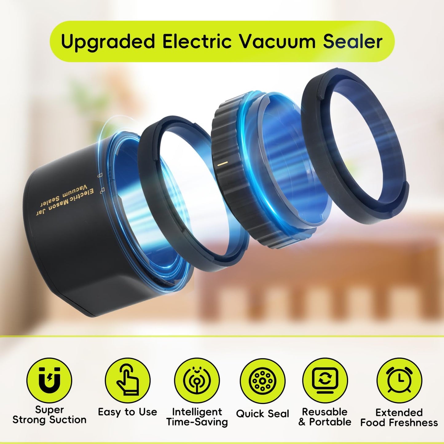 Hoofun Fully Automatic Electric Mason Jar Vacuum Sealer Kit for with 8 Sealing Lids Wide and Regular Mouth Mason Jars for Food Storage and Fermentation, Black