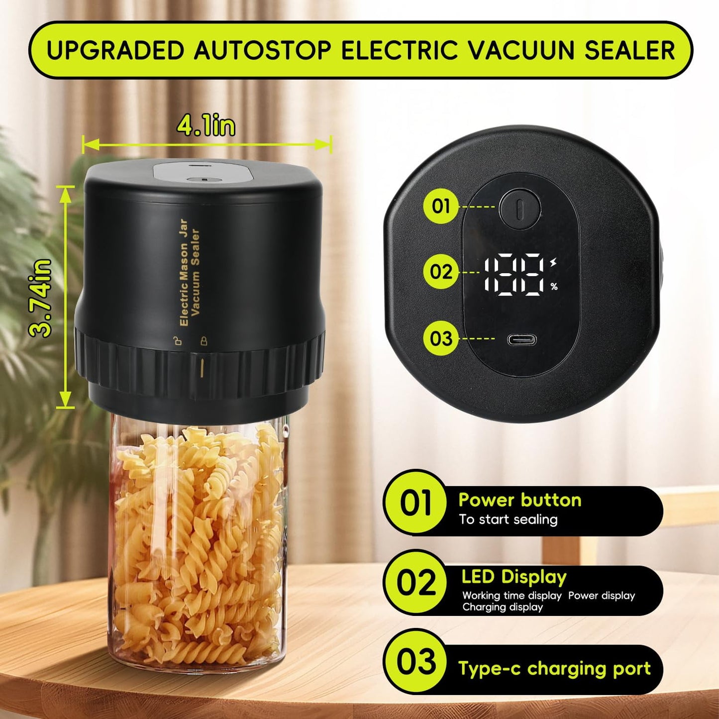 Hoofun Fully Automatic Electric Mason Jar Vacuum Sealer Kit for with 8 Sealing Lids Wide and Regular Mouth Mason Jars for Food Storage and Fermentation, Black