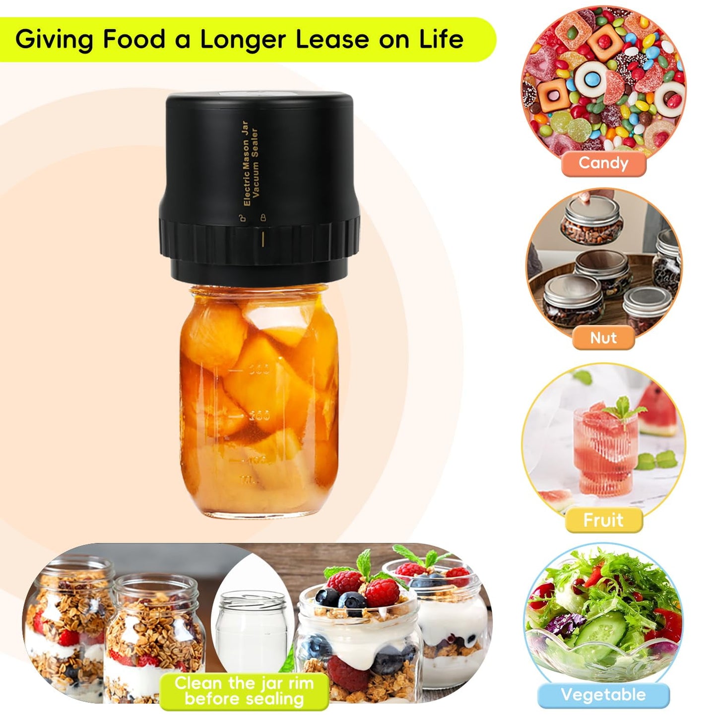 Hoofun Fully Automatic Electric Mason Jar Vacuum Sealer Kit for with 8 Sealing Lids Wide and Regular Mouth Mason Jars for Food Storage and Fermentation, Black