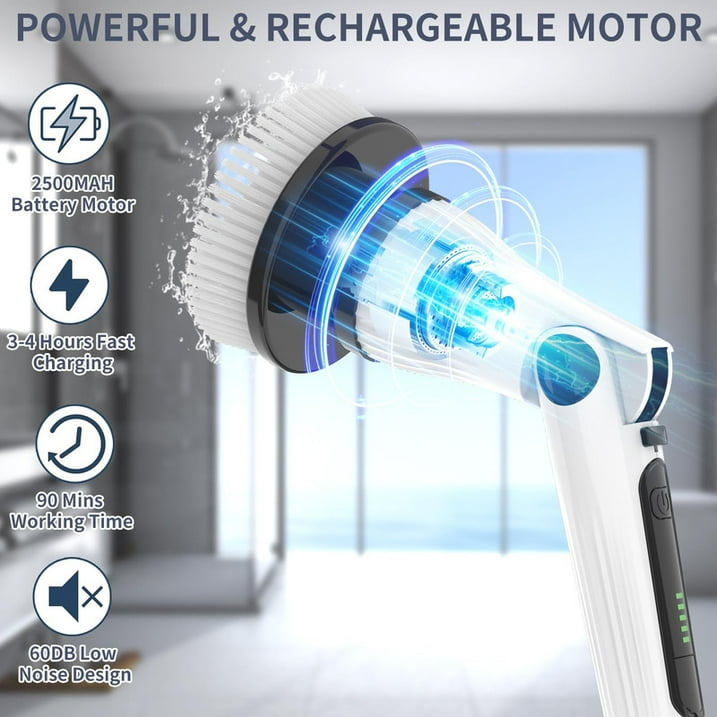 Electric Spin Scrubber, Electric Cleaning Brush with 8 Replaceable Brush Heads ,Adjustable & Detachable Long Handle, Cordless Spin Scrubber for Bathroom, Tub, Tile, Toilet