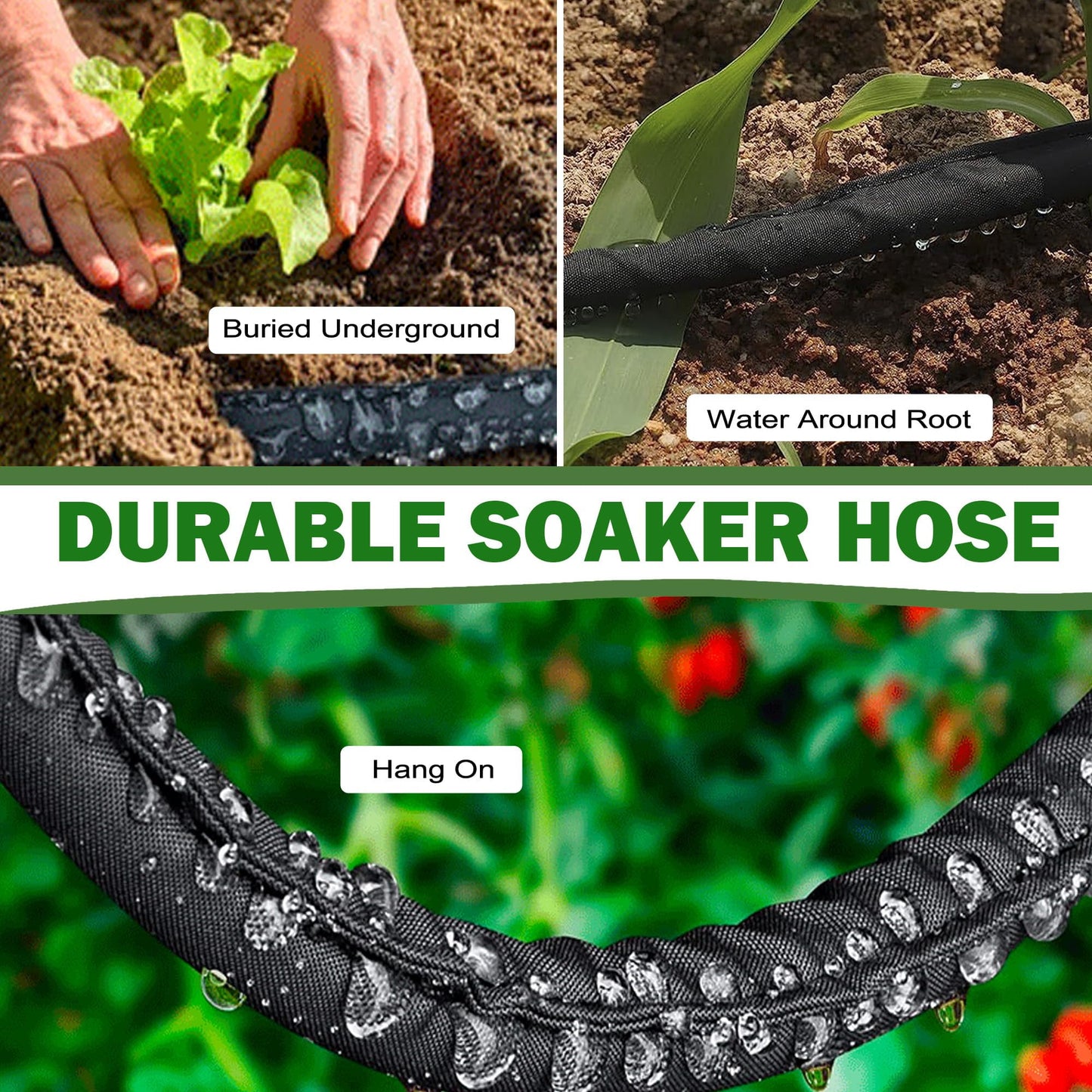 Hoofun Flat Soaker Hose 75 ft for Garden Beds, 75ft 1/2" Linkable Consistent Drip Irrigation Hose Save 80% Water, Leakproof Heavy Duty Double Layer Sprinkler Hose Black