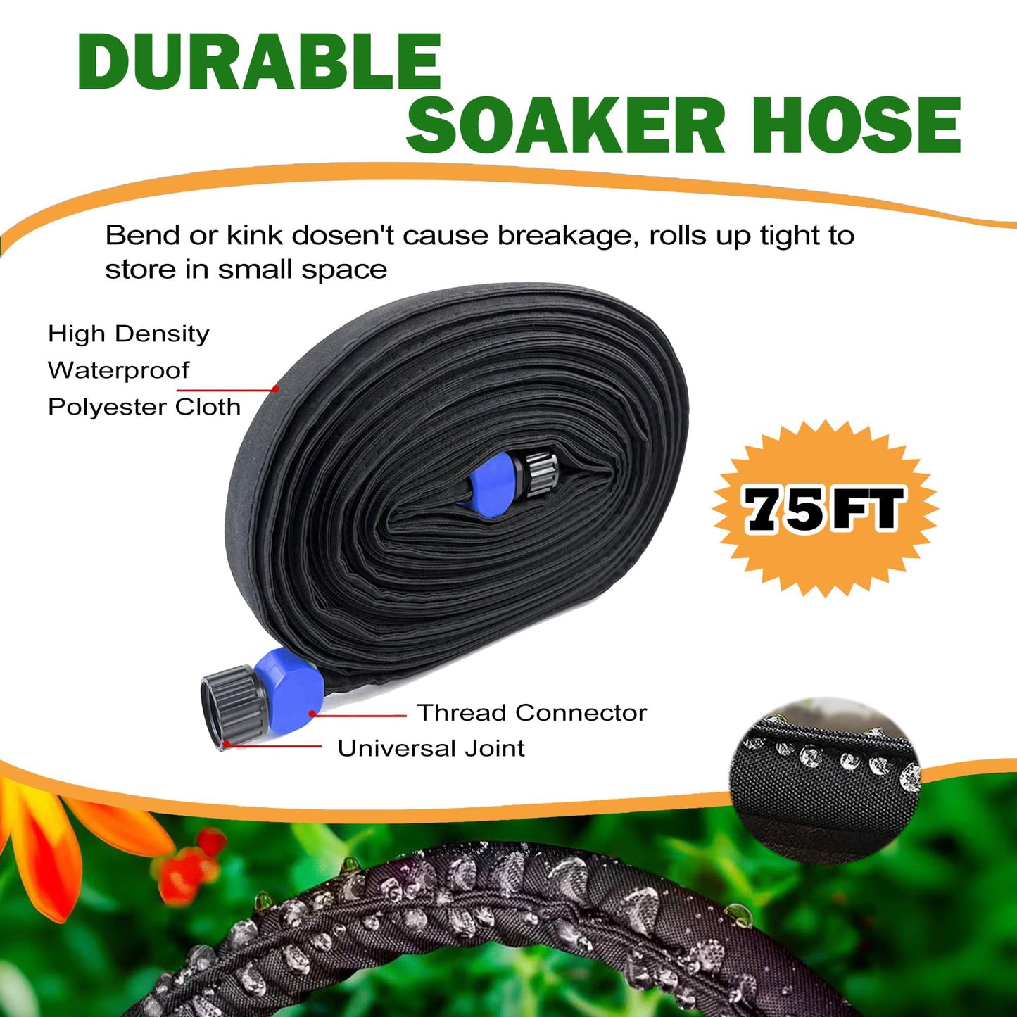 Hoofun Flat Soaker Hose 75 ft for Garden Beds, 75ft 1/2" Linkable Consistent Drip Irrigation Hose Save 80% Water, Leakproof Heavy Duty Double Layer Sprinkler Hose Black