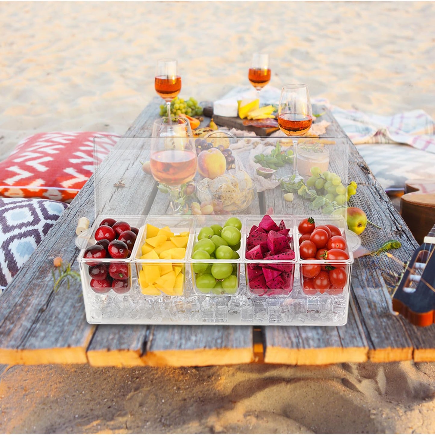 WHATOOK Chilled Condiment Server,Chilled Condiment Tray with Lid and 5 Removable Compartments