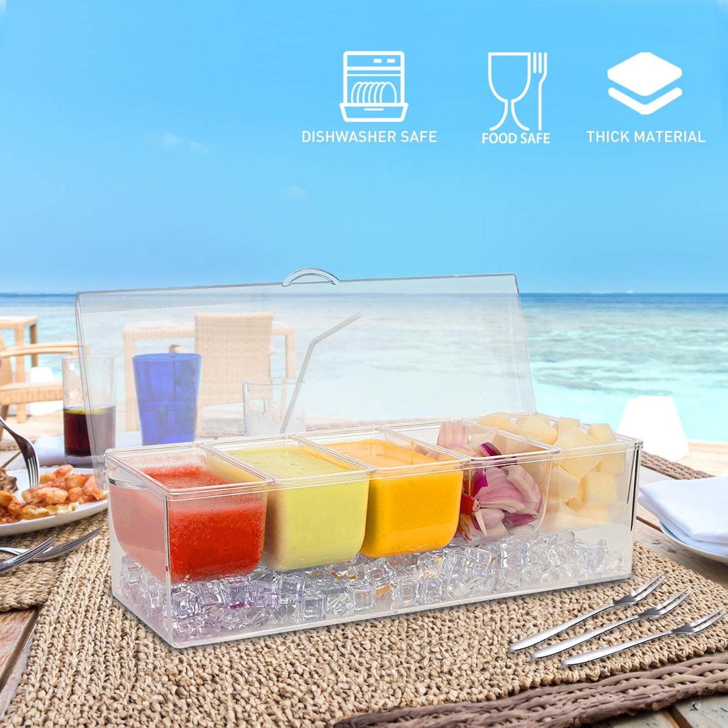 WHATOOK Chilled Condiment Server,Chilled Condiment Tray with Lid and 5 Removable Compartments