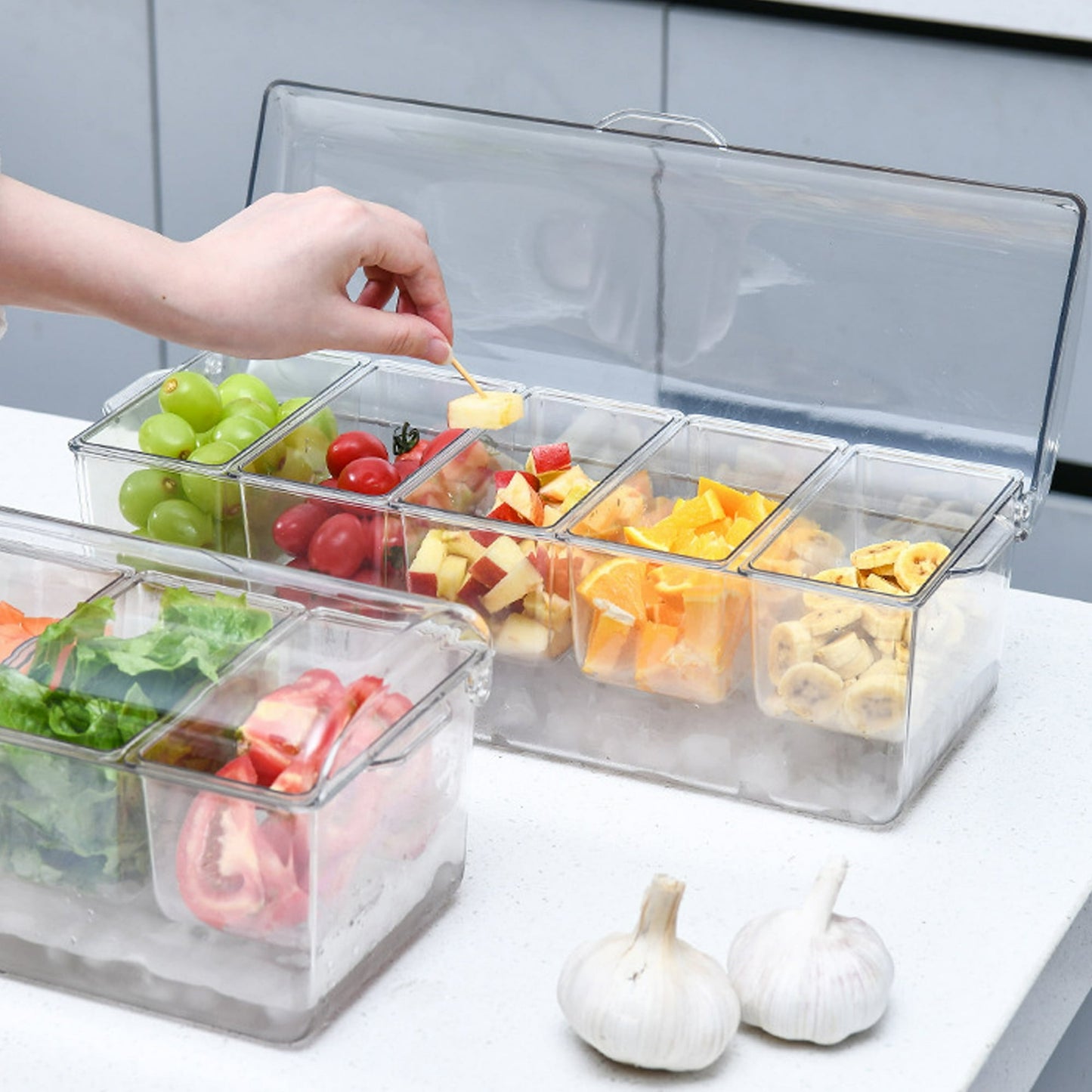 WHATOOK Chilled Condiment Server,Chilled Condiment Tray with Lid and 5 Removable Compartments
