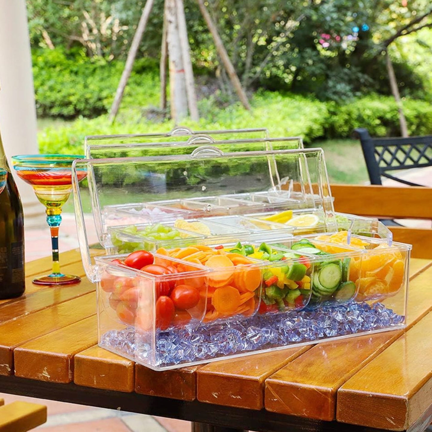 WHATOOK Chilled Condiment Server,Chilled Condiment Tray with Lid and 5 Removable Compartments