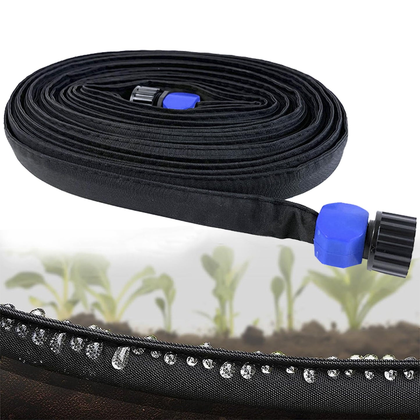 Hoofun Flat Soaker Hose 50 ft for Garden Beds, 50ft 1/2" Linkable Consistent Drip Irrigation Hose Save 80% Water, Leakproof Heavy Duty Double Layer Sprinkler Hose Black