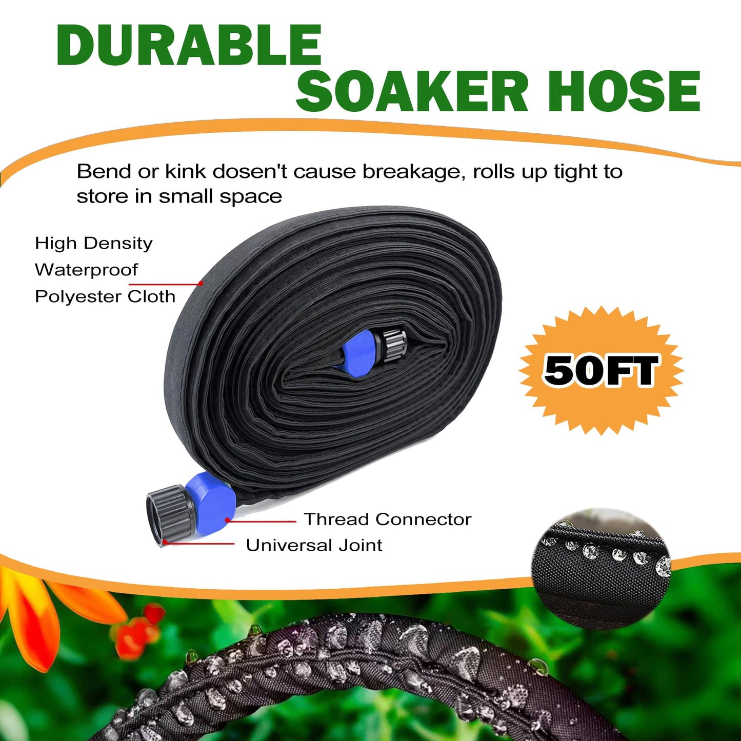 Hoofun Flat Soaker Hose 50 ft for Garden Beds, 50ft 1/2" Linkable Consistent Drip Irrigation Hose Save 80% Water, Leakproof Heavy Duty Double Layer Sprinkler Hose Black