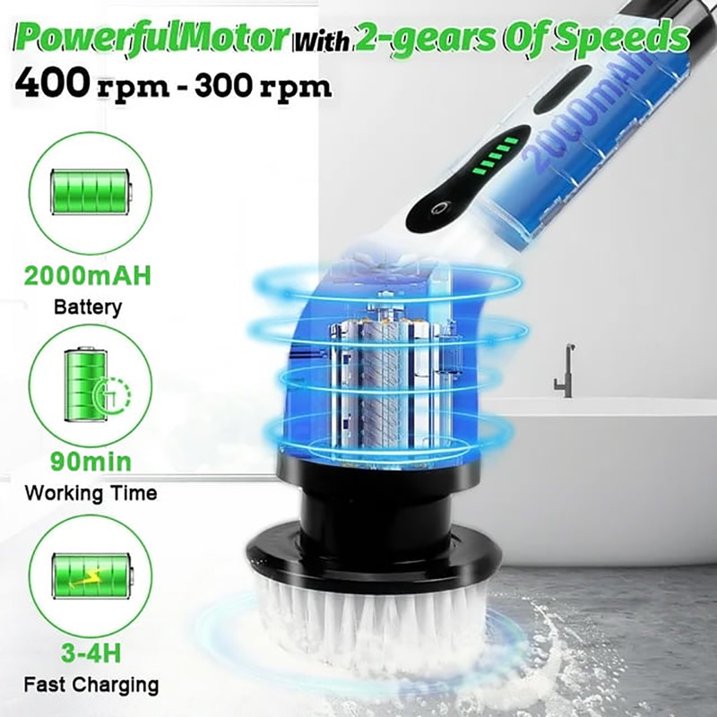 Electric Spin Scrubber, Cordless Cleaning Brush with 2H Power Dual Speed, Adjustable Extension Handle 9 Replaceable Brush Heads, IPX7 Waterproof for Bathroom Tub Tile Floor Car